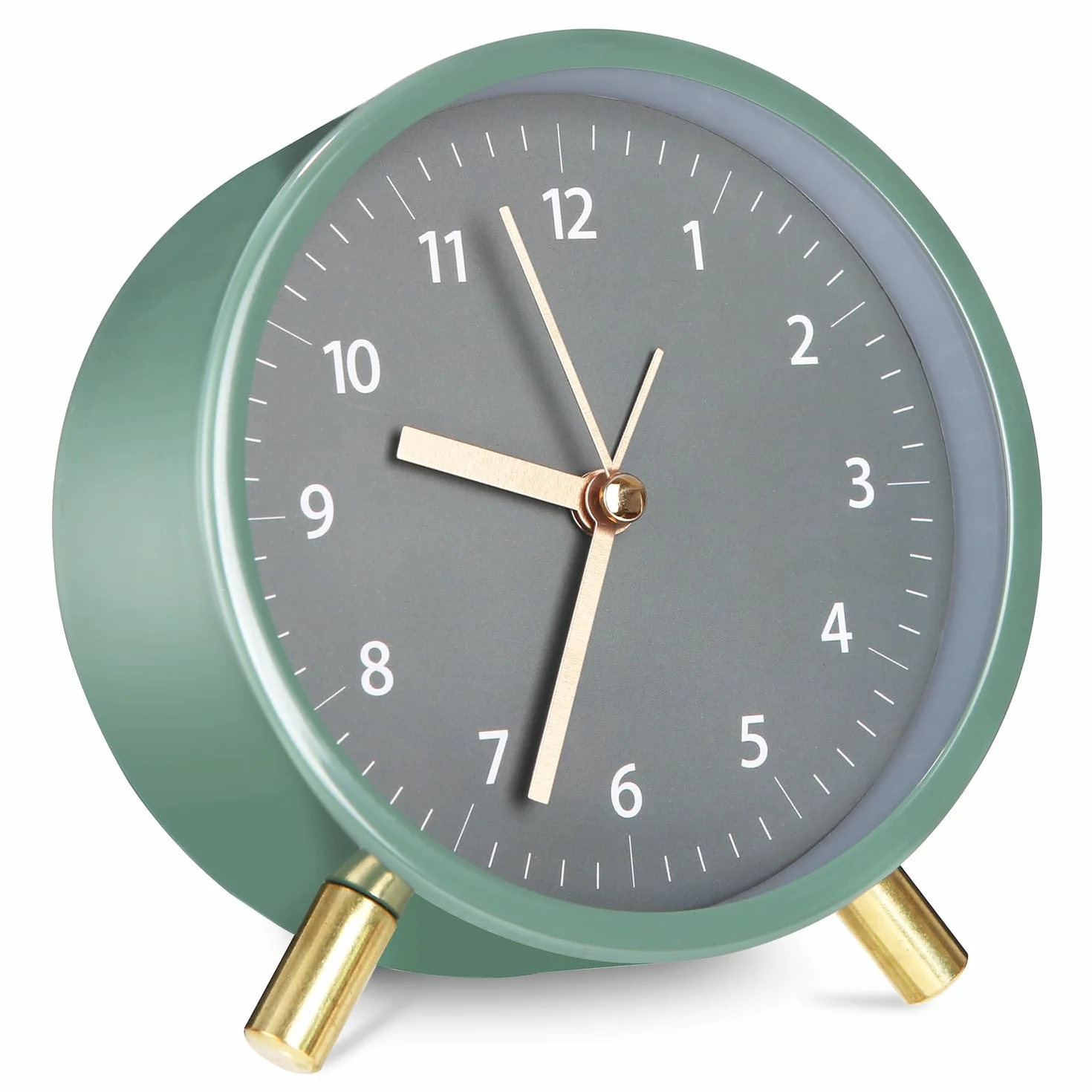 Reloj Despertador Analógico de Metal Redondo Verde Silencioso sin Tictac con Luz Nocturna para Dormitorio, Oficina y Viajes