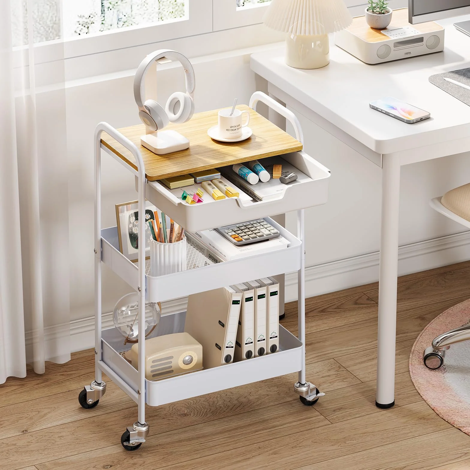 KINGRACK Carro Auxiliar de Cocina de 3 Niveles, Carrito verdulero con Asa, Ruedas, y cajones, para baño peluqueria, con Tapa de Madera, Blanco WKUK830549-1
