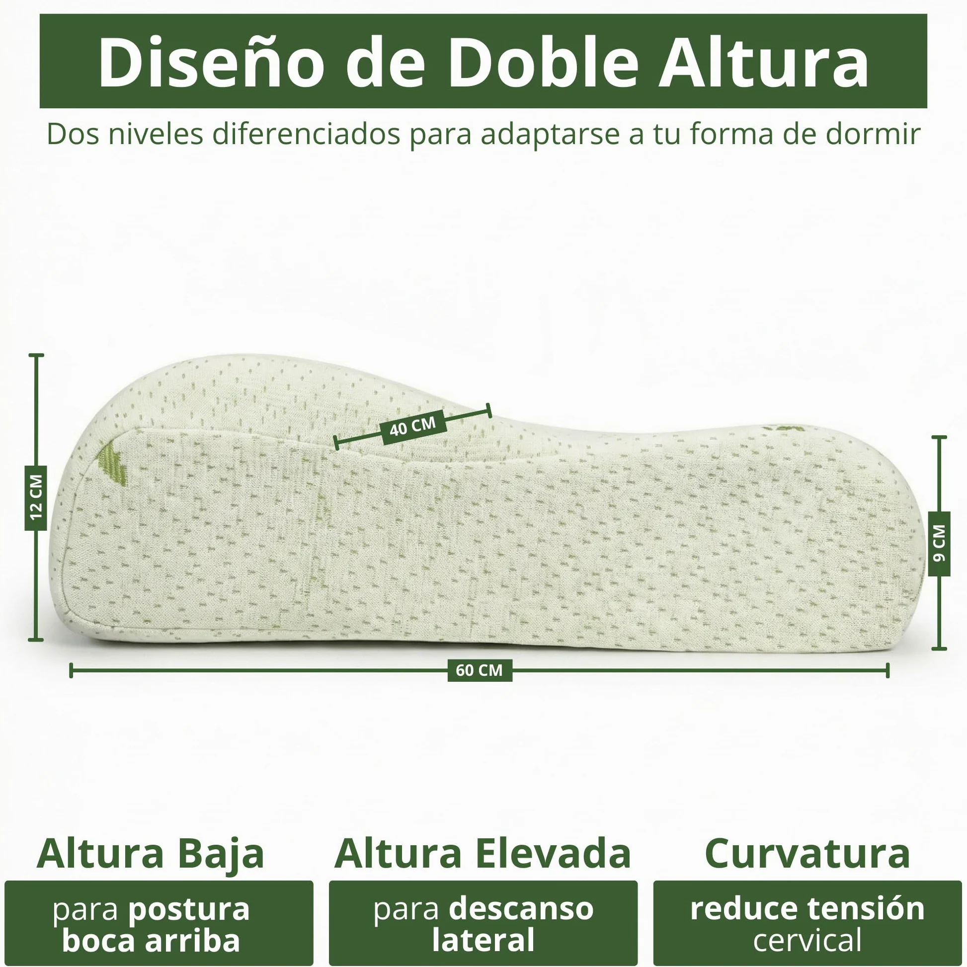 Almohada Cervical 2 en 1, Viscoelástica Memory Foam, Doble Altura Ergonómica, Alivia el Dolor Cervical, Dormir de Lado y Boca Arriba, Funda de Bambú Lavable, 60x40 cm
