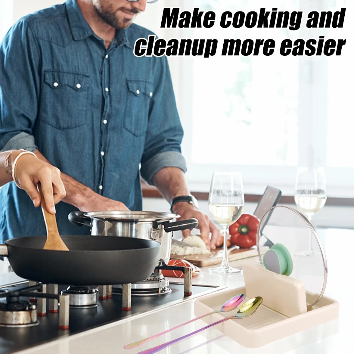 2 Bandejas para Cucharas con Soporte para Tapa de Placa de Cocina, Soporte Plegable para Encimera, Utensilios y Tapa de Olla