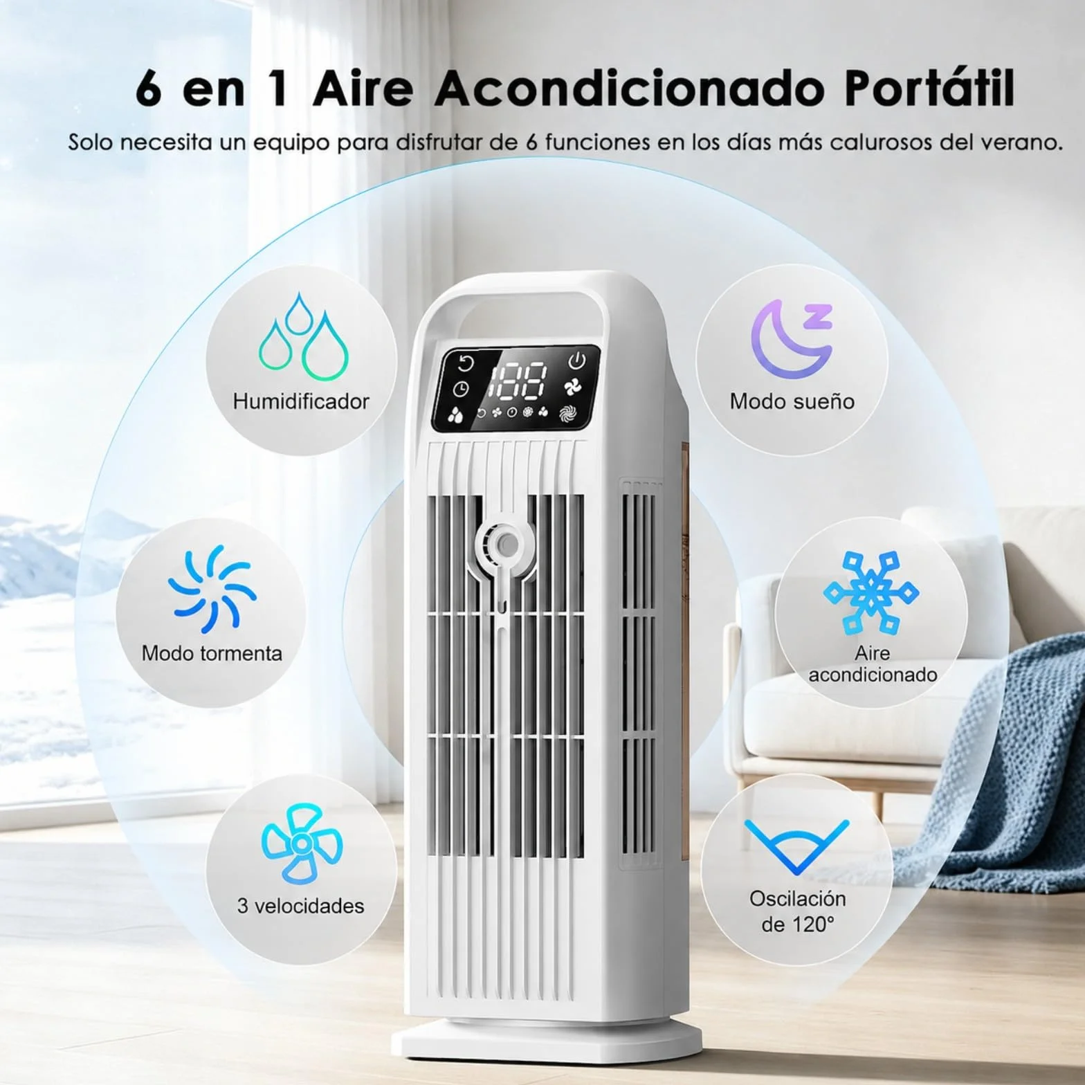 Aire Acondicionado Portátil sin Tubo, Climatizador Evaporativo 6 en 1 Bajo Consumo, Ventilador Torre Silencioso con Mando, Oscilación 120°, Depósito 1.2L, Temporizador 12H, Blanco Polar