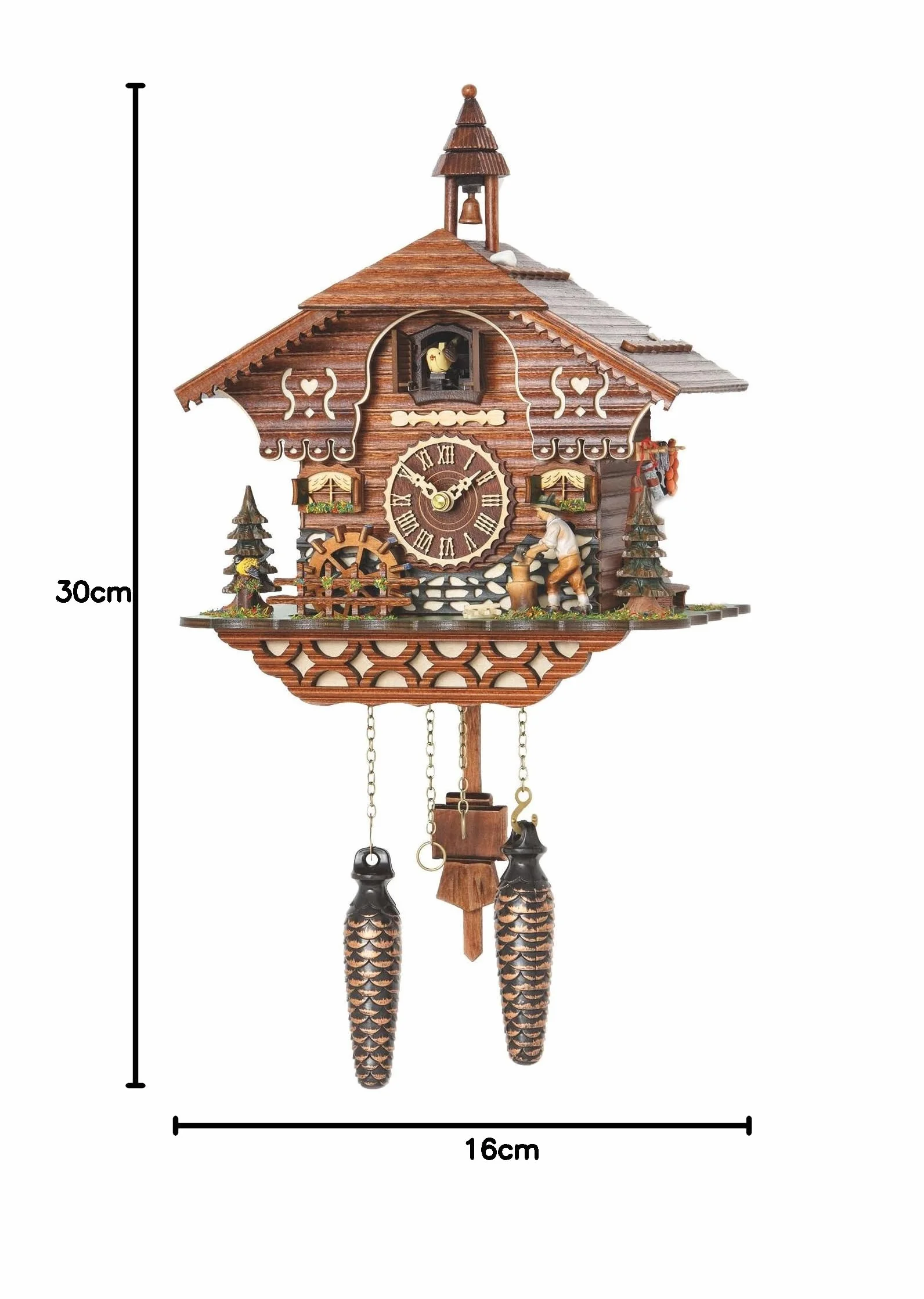 Trenkle Reloj de Cuco de Cuarzo con diseño de casa de Bosque Negro con picadora de Madera móvil y Rueda de Molinillo, con música TU 4217 QM