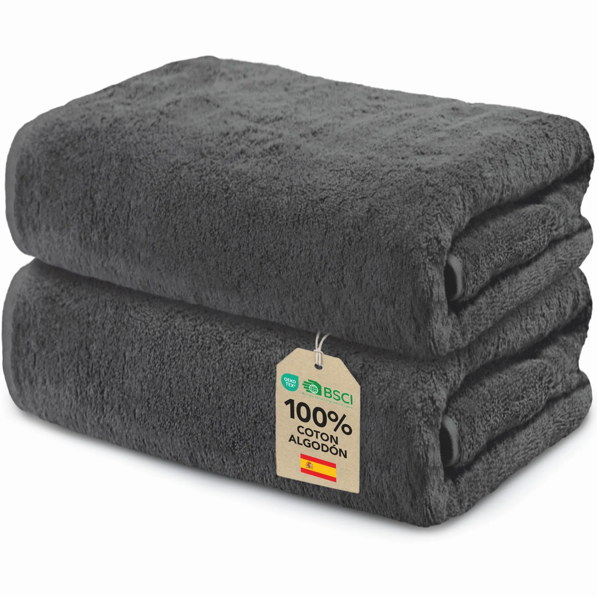 Ôhm Toallas de Baño Grandes 90x180 cm 100% Algodón 500 g/m² – Toalla Ducha Grande Alta Absorción y Suavidad – Gris Oscuro – Oeko-Tex – Pack 2 Unidades