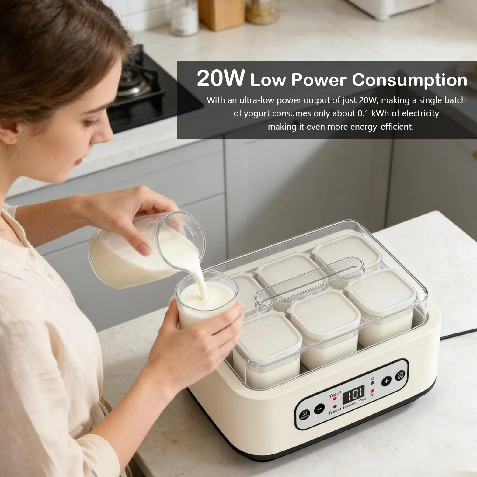 Yogurtera, Máquina para Hacer Yogur de 1,6 L con 6 Tarros de 250 ml Yogurtera con Temporizador de 1 a 99 Horas Control de Temperatura de 21 a 48 °C y Pantalla LCD para Yogur Natto y Vino de Arroz