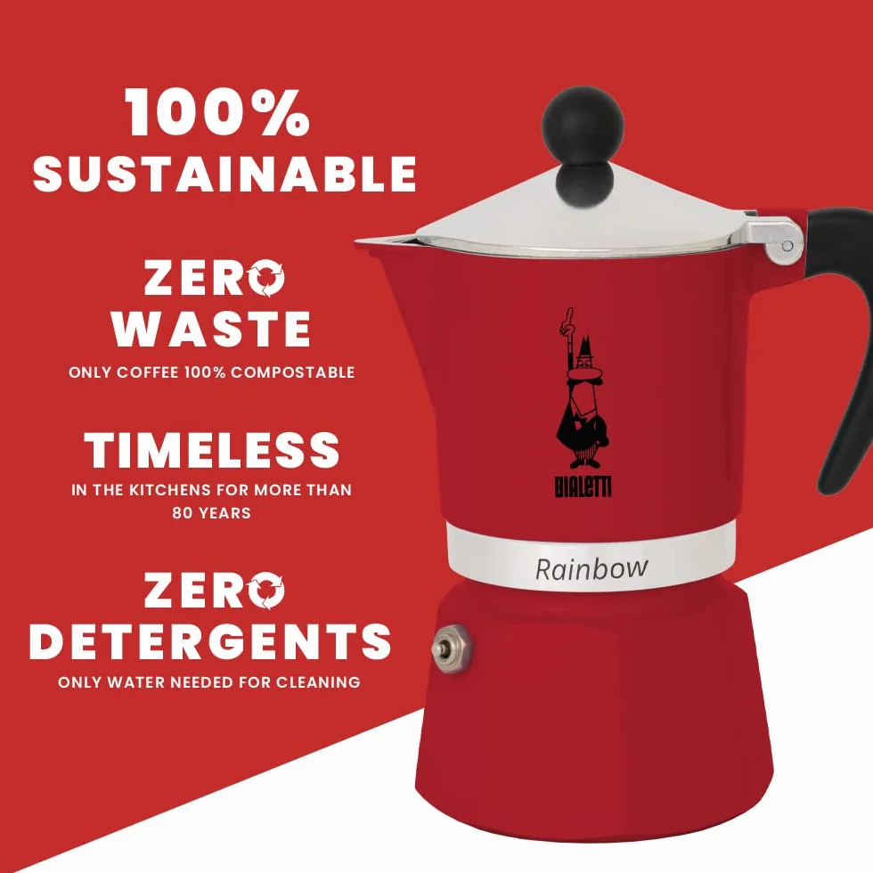 Bialetti Rainbow Cafetera Italiana Espresso, 3 Tazas, Aluminio, Rojo