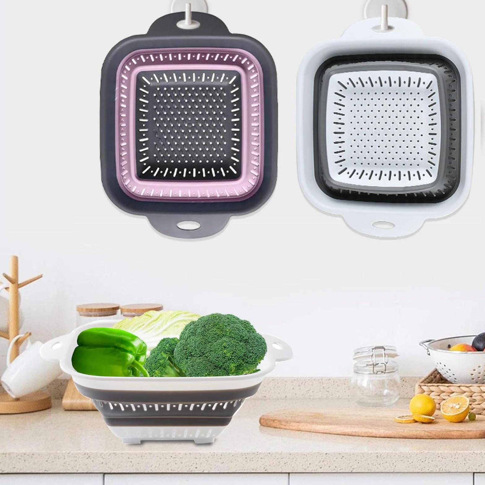 Escurridor Plegable,Colador Plegable,2 Piezas Escurridor Plegables Silicona,Colador Pasta (Blanco + Rosa)