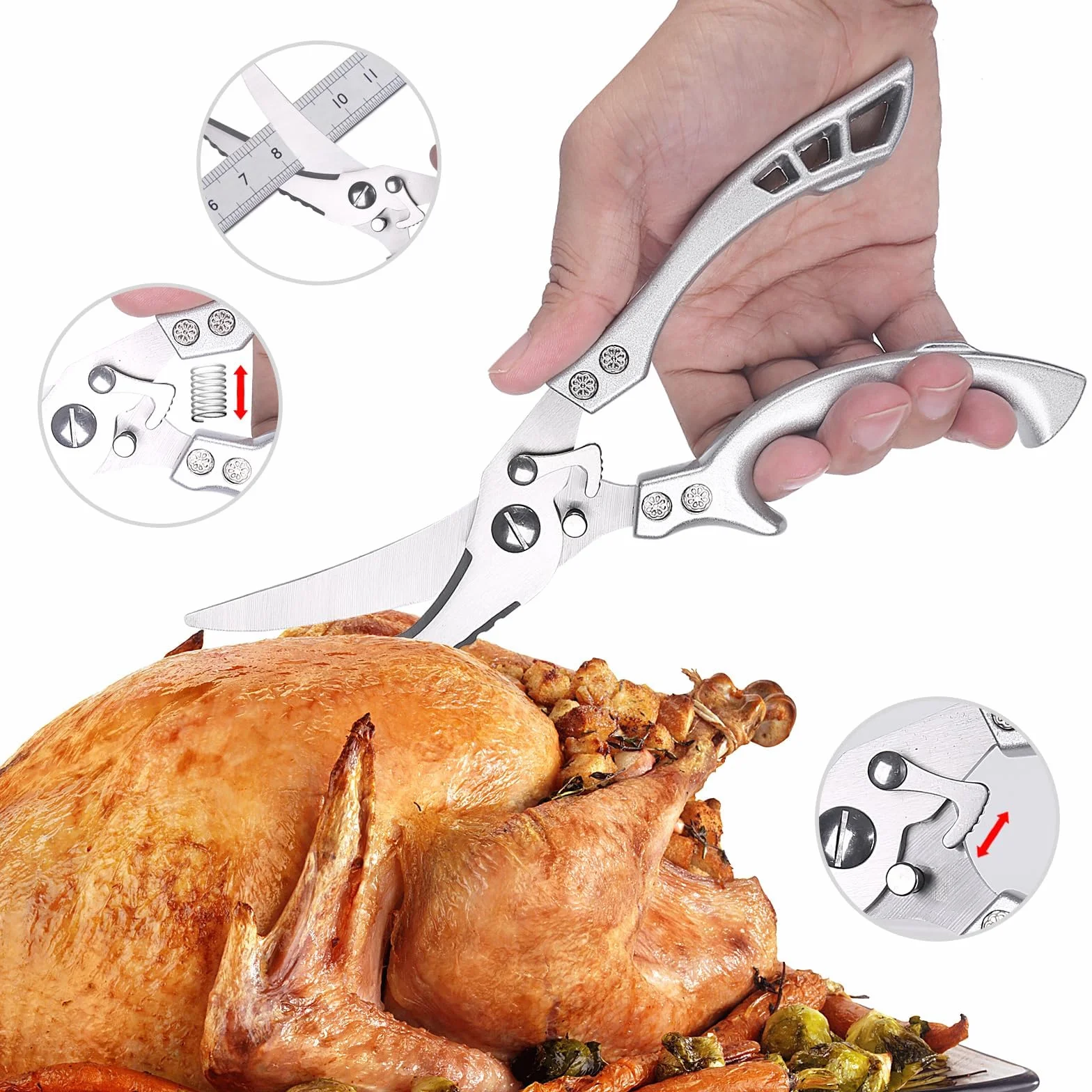 Tijeras cocina con cierre de seguridad y mecanismo de resorte para cortar carne, huesos de pollo, pescado y verduras, tijeras de acero inoxidable para huesos de pollo (KD7)