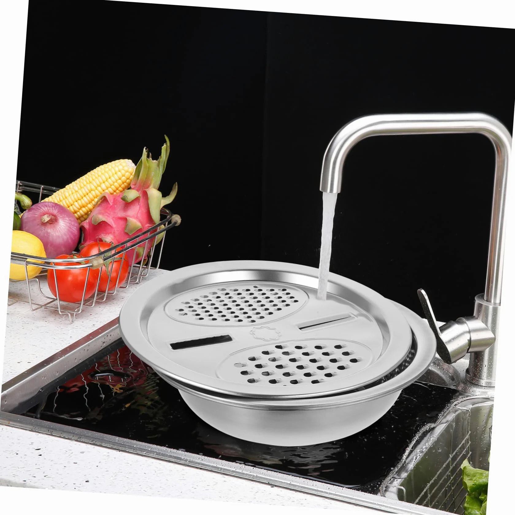 Colador Varios estilos Diseño de Drenaje Acero Inoxidable 3 Piezas de Apto para Lavar Frutas y Amasar Masa, Utensilio Multifuncional para Cocina para Uso Diario