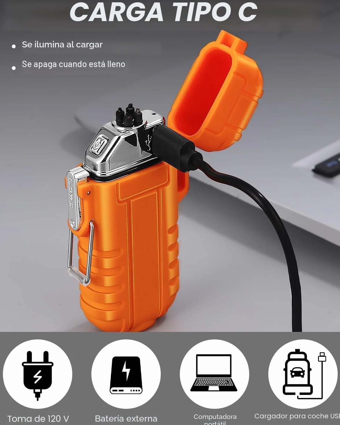 Mechero eléctrico recargable USB, encendedor de doble arco resistente al agua y viento con linterna, Tipo C para camping y senderismo