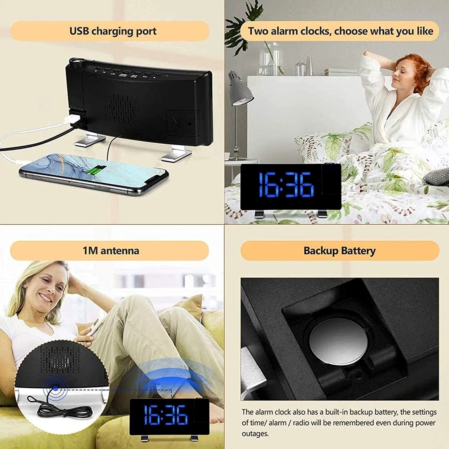 Despertador, Pequeños Relojes de Noche con Puerto USB for Cargar, Temperatura(White)
