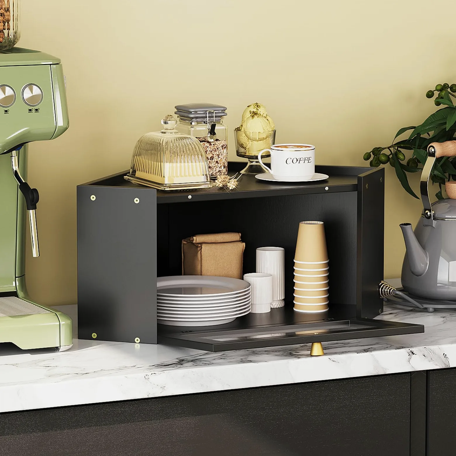 VEDECASA Panera de esquina para cocina de bambú con puerta acrílica transparente, cesta de pan negra para esquinas de cocina, gran fiambrera en diseño rústico, 32 x 32 x 20 cm