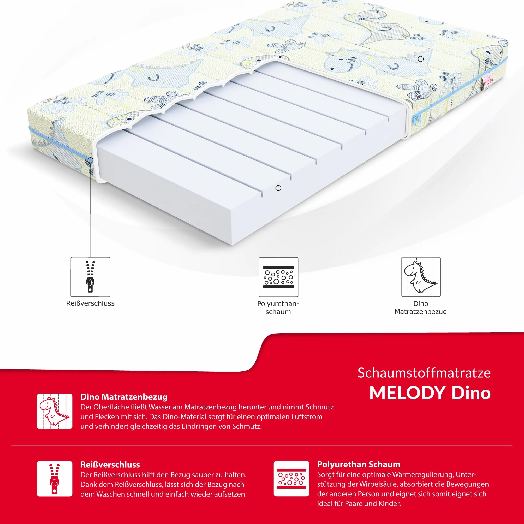 FDM Somnia - Colchón Infantil de Espuma fría, 80 x 160 cm, Altura de 10 cm, dureza H3, Certificado Öko-Tex, Funda Lavable