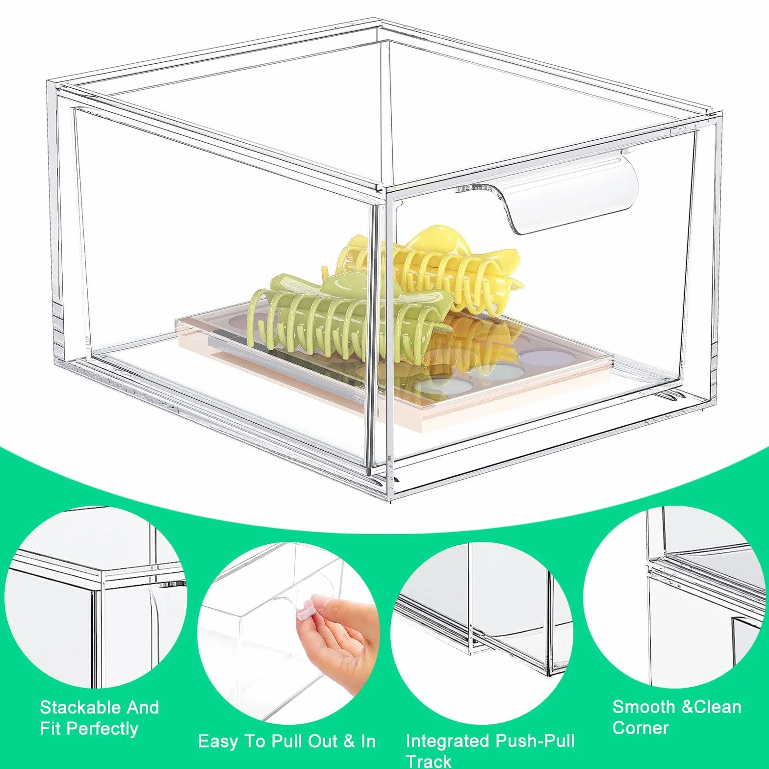 2 Organizadores de Cajones para Baño, Organizador de Baño y Cosméticos, Cajón de Acrílico Transparente, Blanco