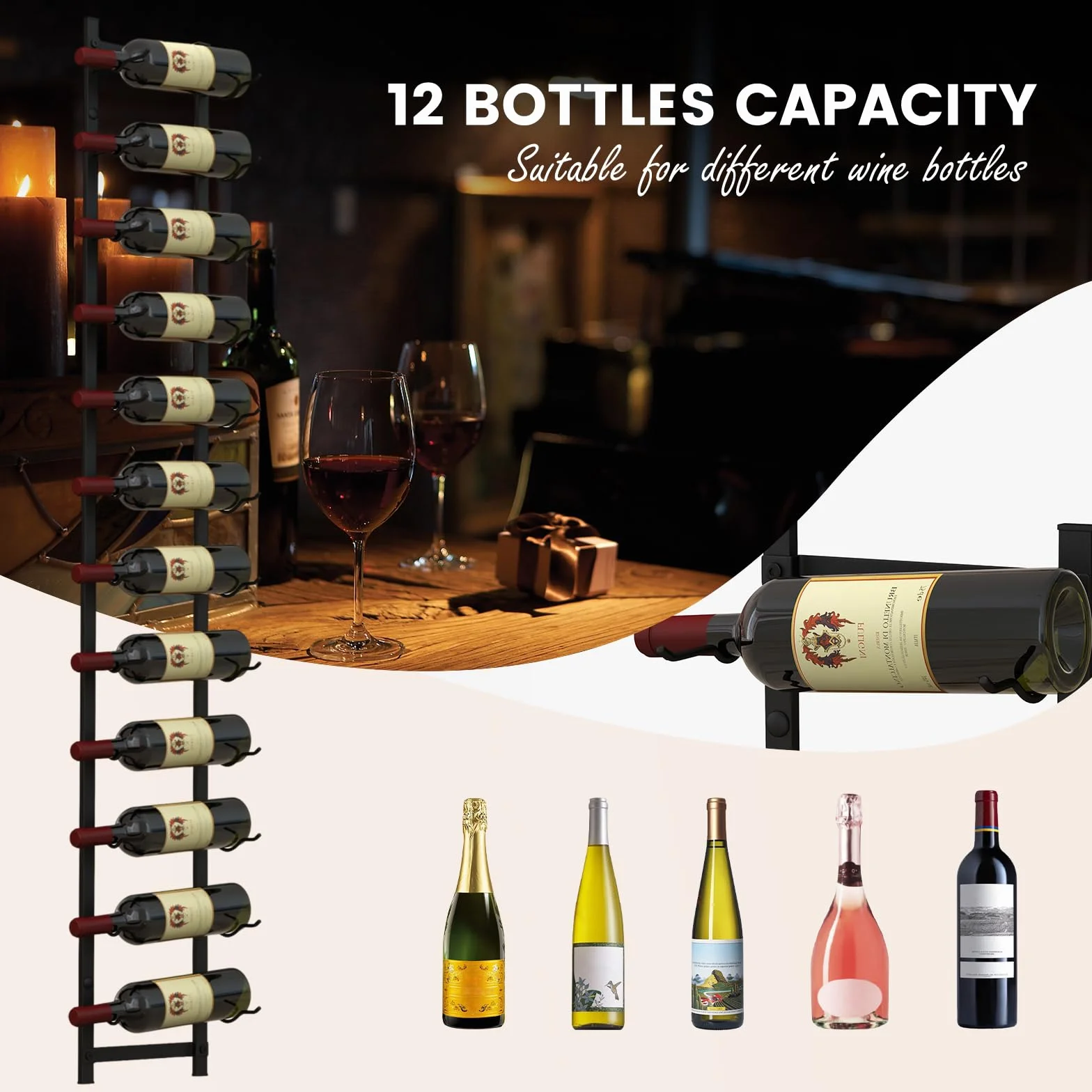 KOMFOTTEU Botellero Vino de Pared para 6/9/12 Botellas, Portabotella Metálica Vertical, Estante Colgante Decorativo para Vino, Organizador de Botellas para Cocina, Comedor, Bar (12 Botellas)