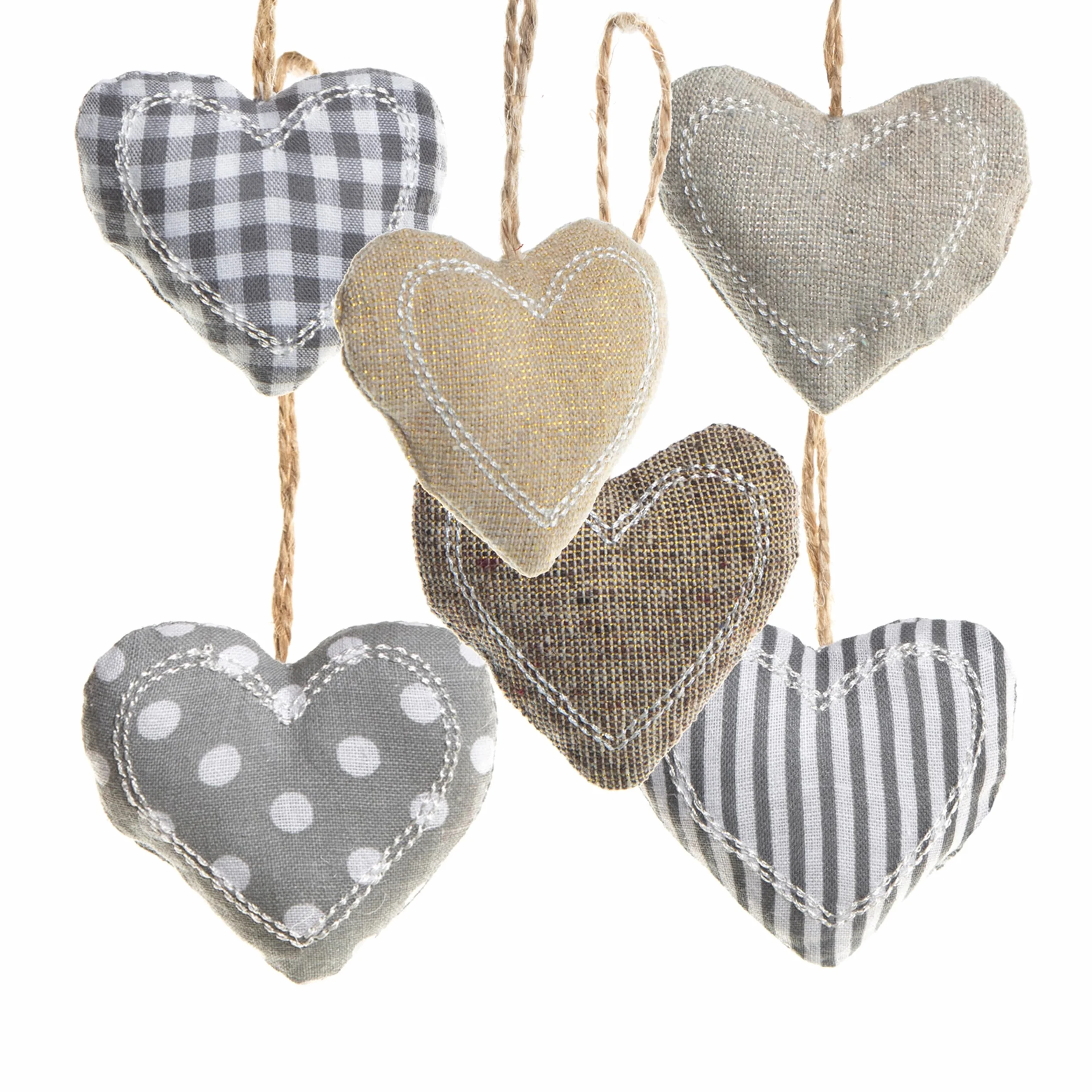 Colgantes Corazones Tela, 6 Piezas: Adornos navideños de Madera y Tela, Colgante Navidad Beige y Gris, decoración hogar Invierno, para árbol y Regalos, 5 x 6 cm