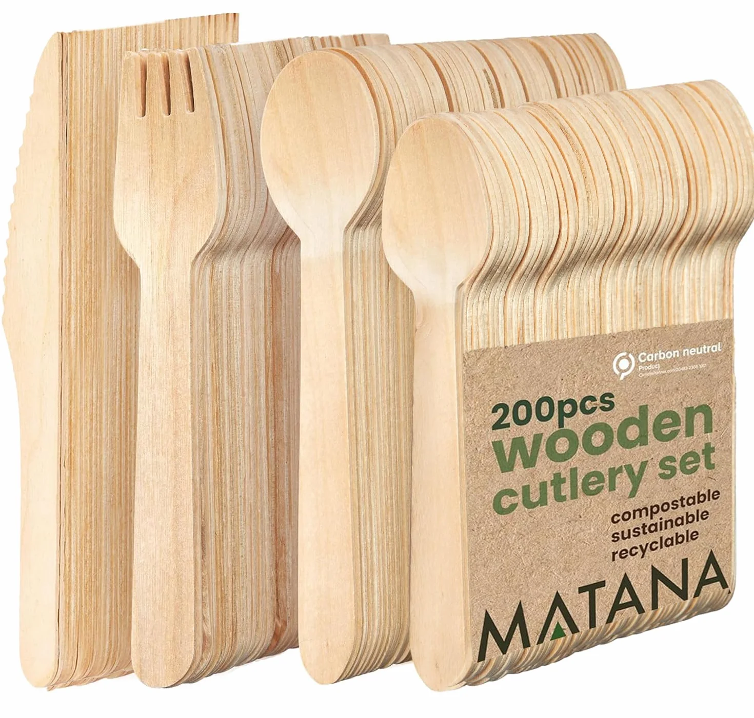 MATANA 200 Cubiertos de Madera Desechables - 50 Cuchillos, 50 Tenedores, 50 Cucharas, 50 Cucharillas - 100% Natural, Ecológico, Biodegradable - Fiestas, Picnics, BBQ, Catering