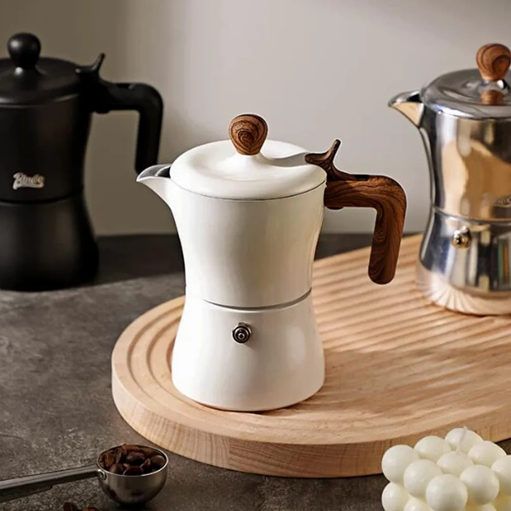 Cafetera Italiana para Espresso, 3 Tazas Cafetera Moka De Aluminio, Cafetera Moka con Asa De Madera(White)