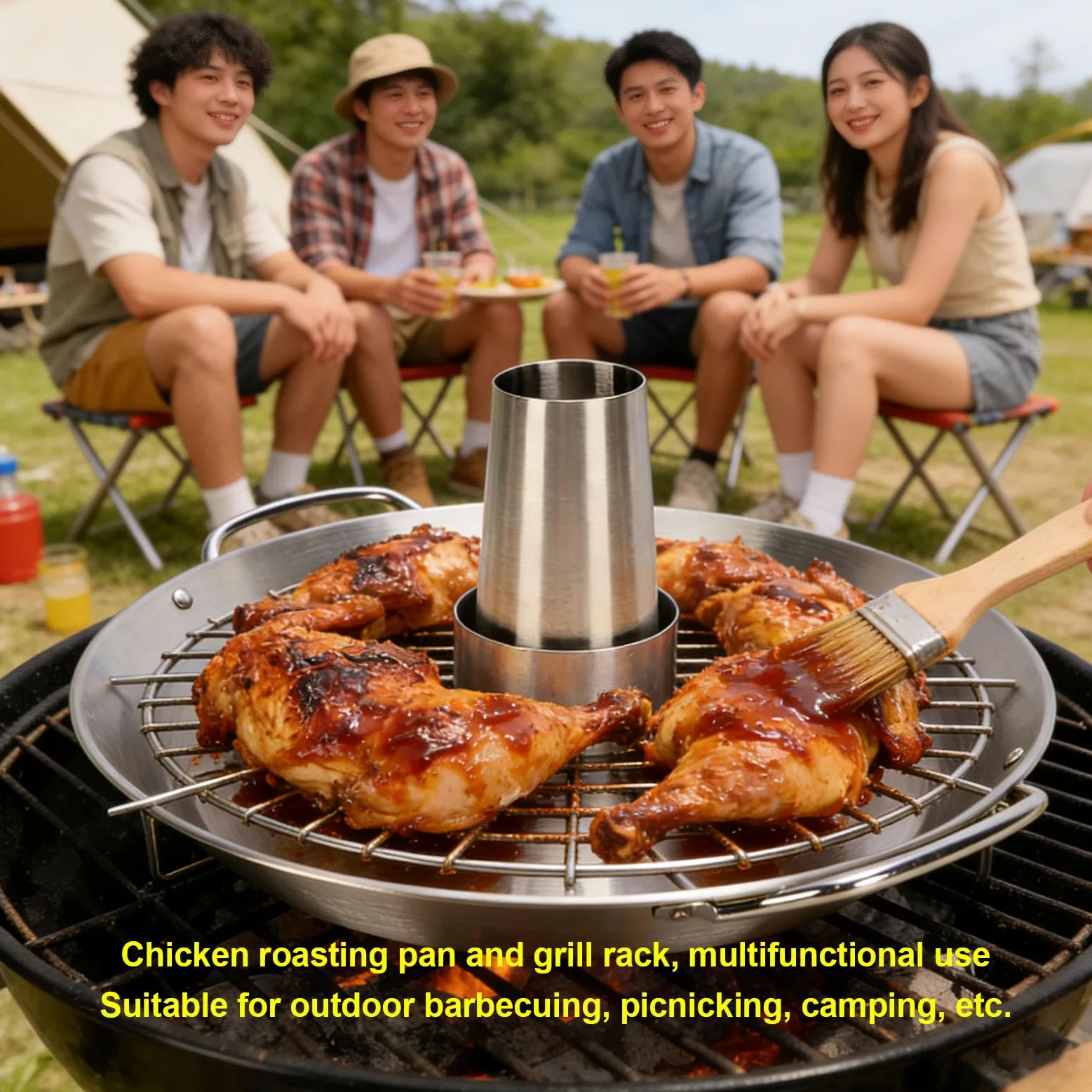 Socobeta Bandeja para Asar Pollo con Lata de Cerveza, Acero Inoxidable Duradero, Soporte Desmontable para Barbacoa Al Aire Libre, 1 Unidad