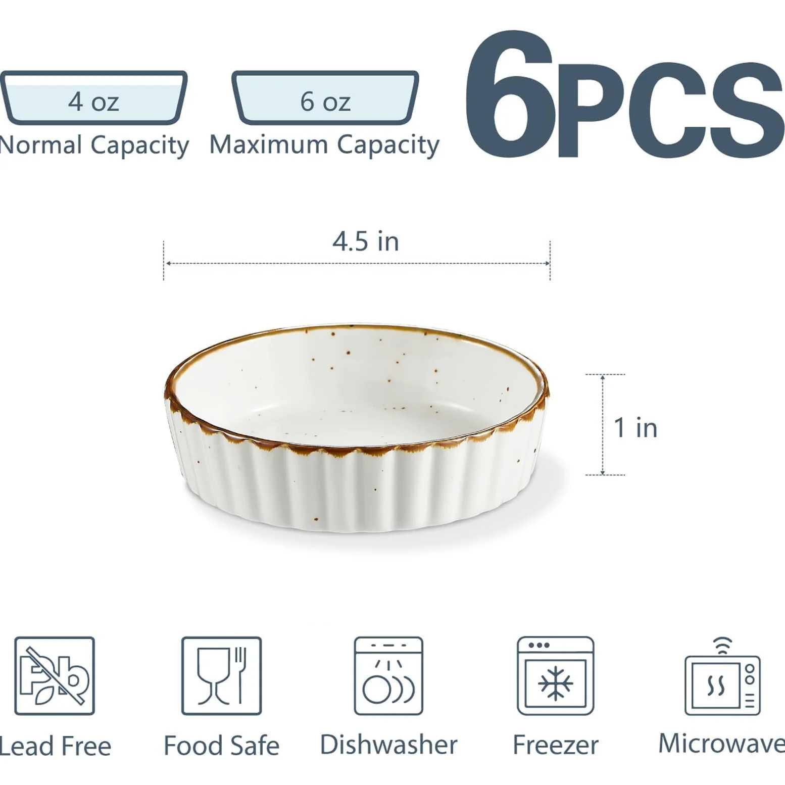 ONEMORE Cerámica poco profunda Ramekin Verti Line, color blanco crema juego de 6