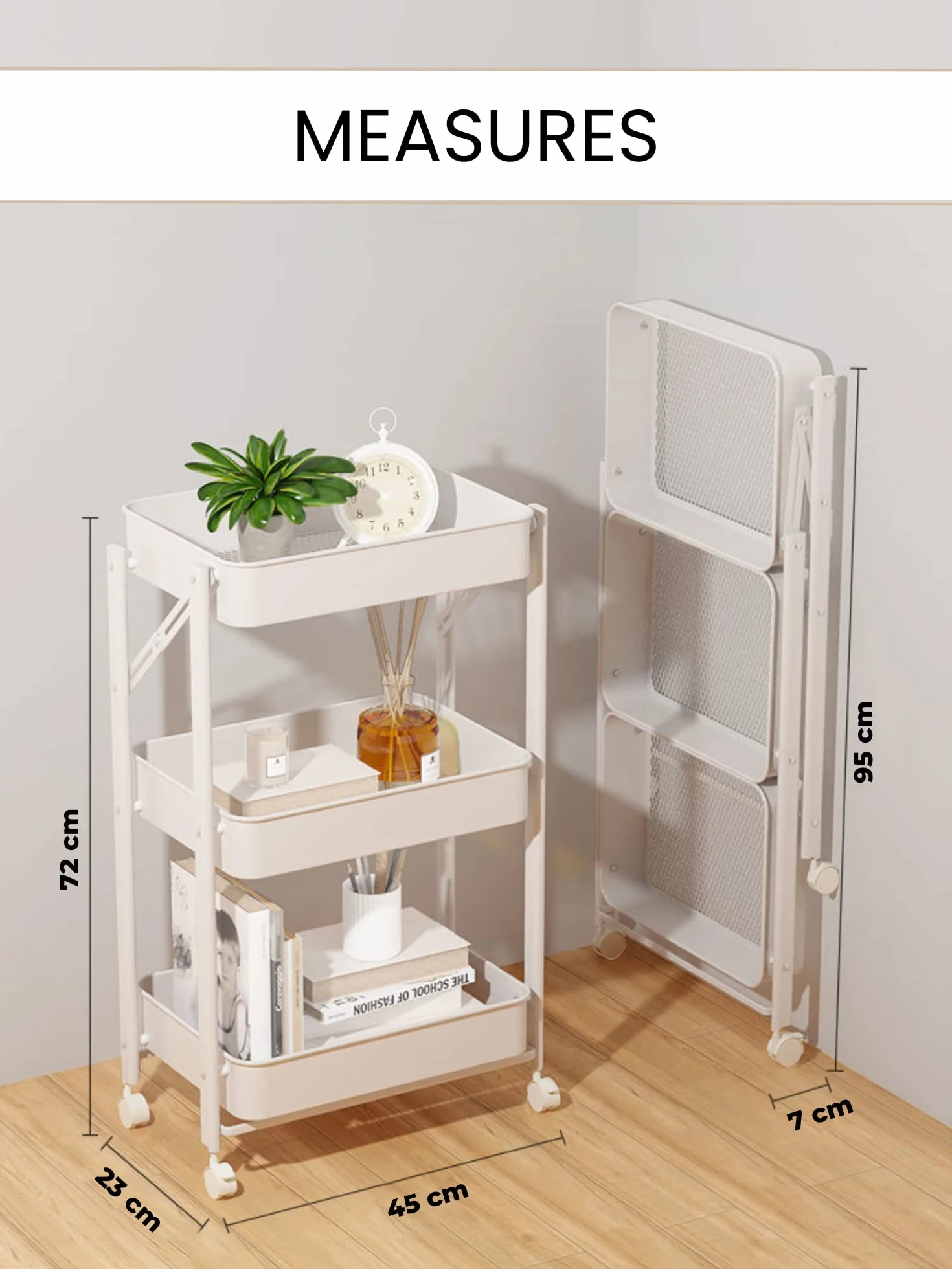 Carrito de Cocina Auxiliar. Carro Verdulero Plegable, Multiusos. Estantería de Cocina con Ruedas. Carro de Servicio con 3 Niveles de Almacenaje para el Hogar, Baño, Salón, Terraza, Manualidades.