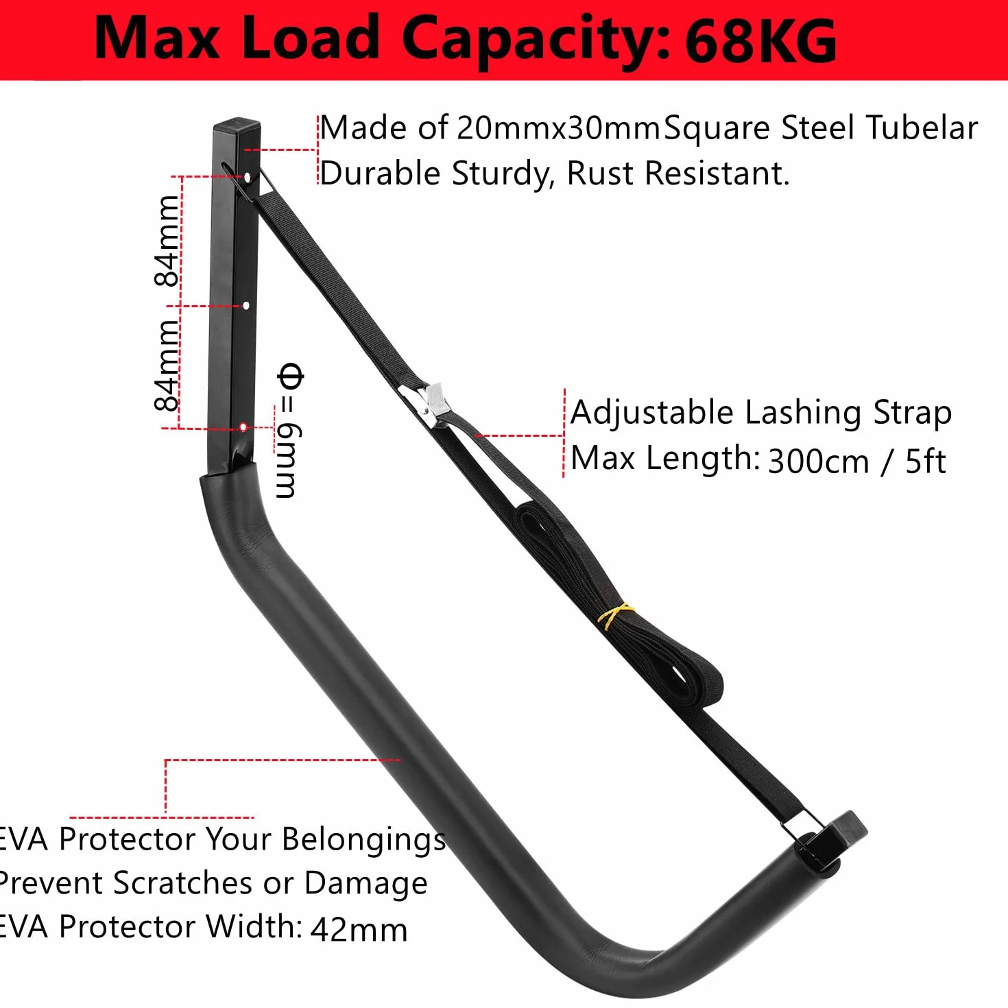 Soporte de pared para kayak, ganchos de garaje para canoa, sistema de almacenamiento, carga máxima 68 kg (54x50 cm)