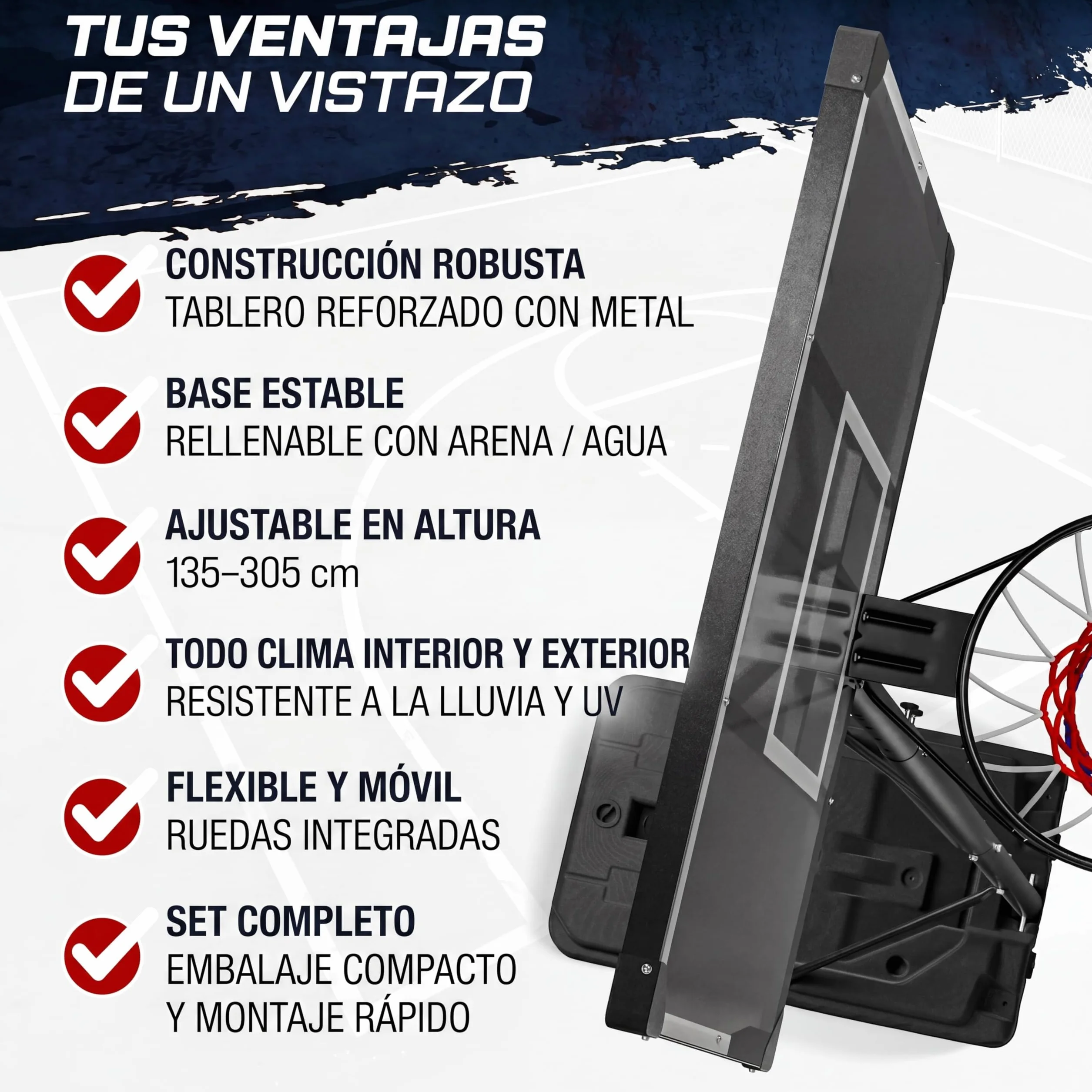 Canasta Baloncesto Exterior Altura Regulable 135-305 cm Soporte Portátil Base Rellenable 60 kg Aro Amortiguador Ø45 cm