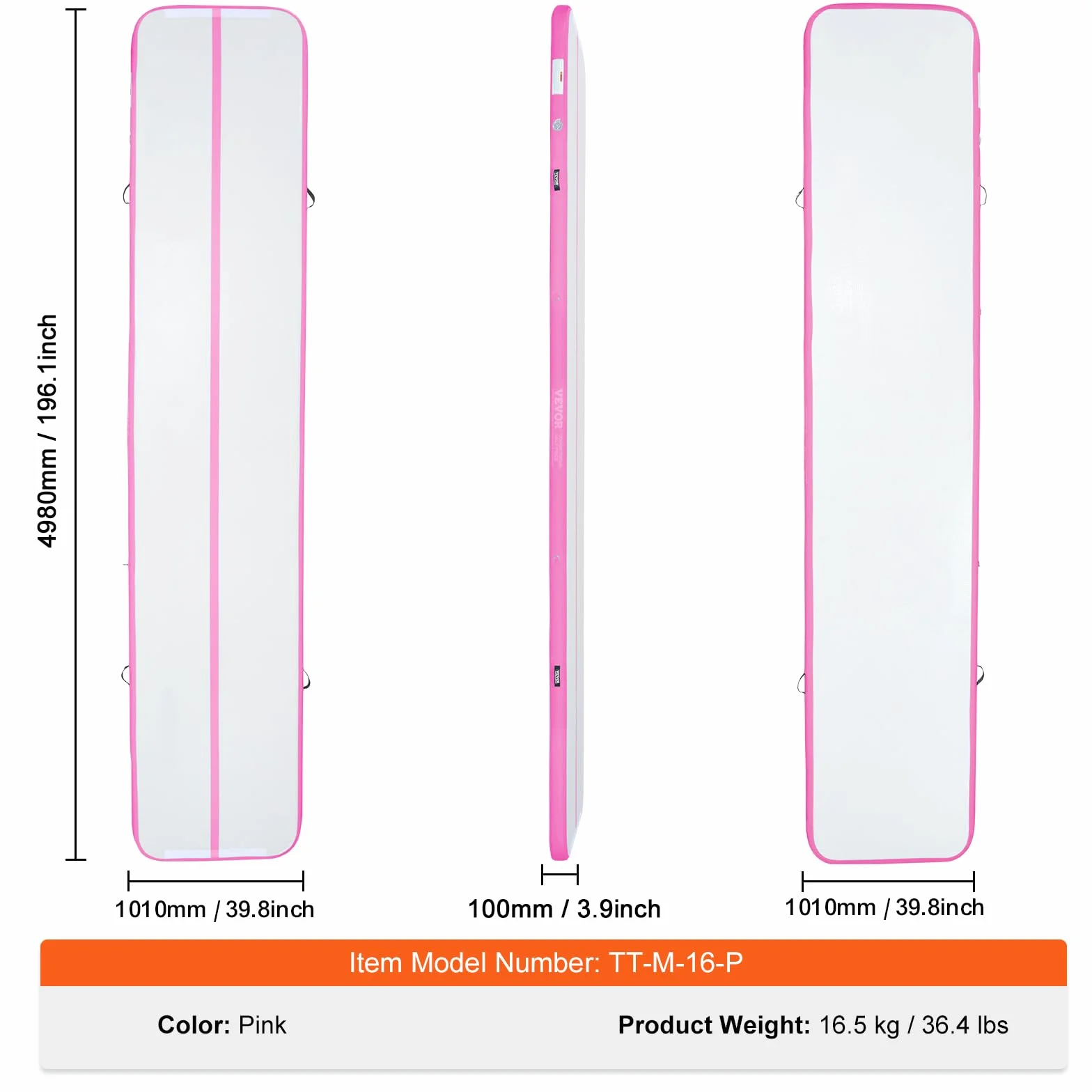 VEVOR Colchoneta Inflable de Gimnasia 10 cm Grosor, Pista de Acrobacia con Bomba Eléctrica, 5 m, Rosa