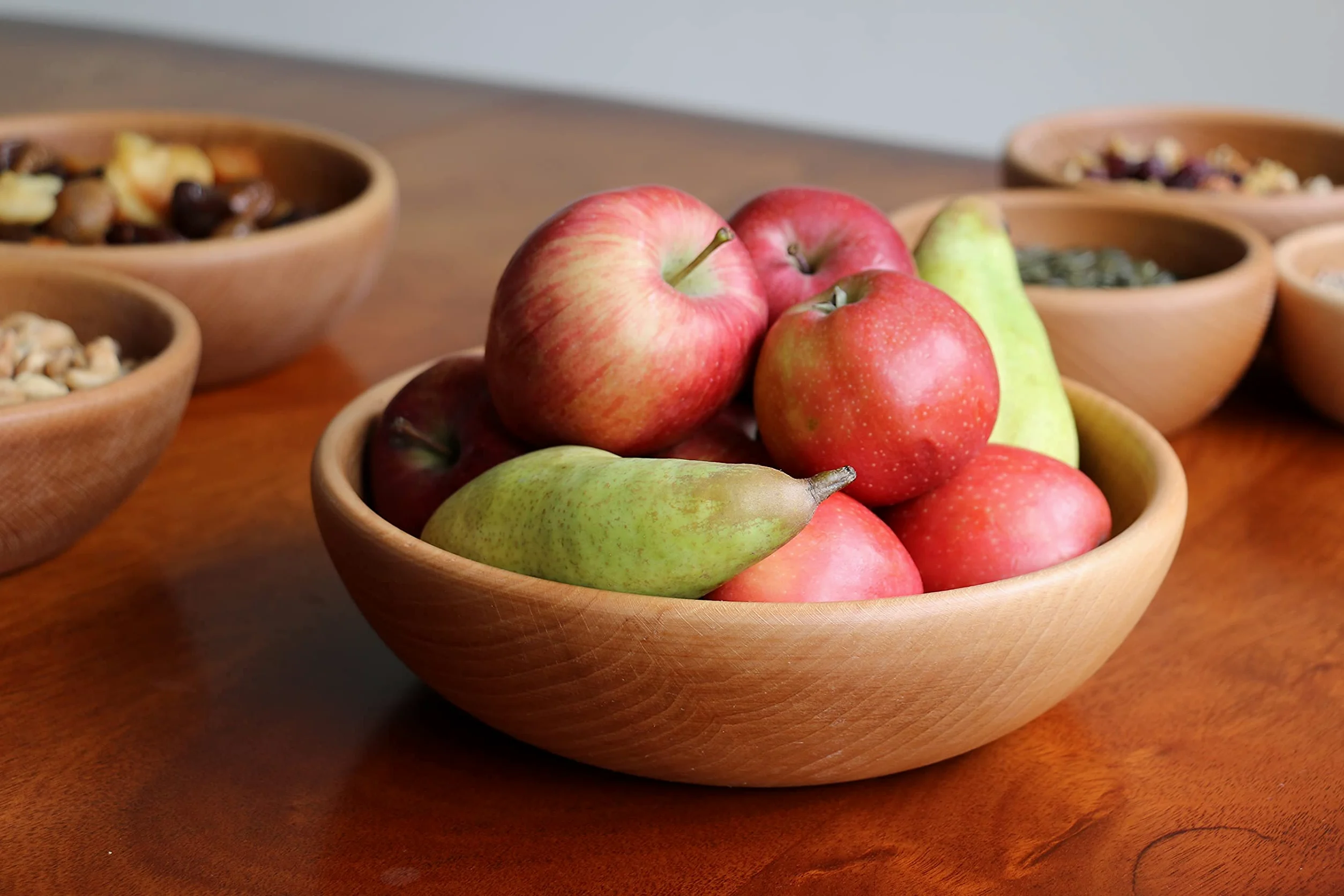 EFO Cuenco para servir de madera, cuenco de frutas decorativo, cuenco para ensalada de alimentos, cuenco de madera natural, cuenco de madera rústica, elegante, tamaño 24 cm