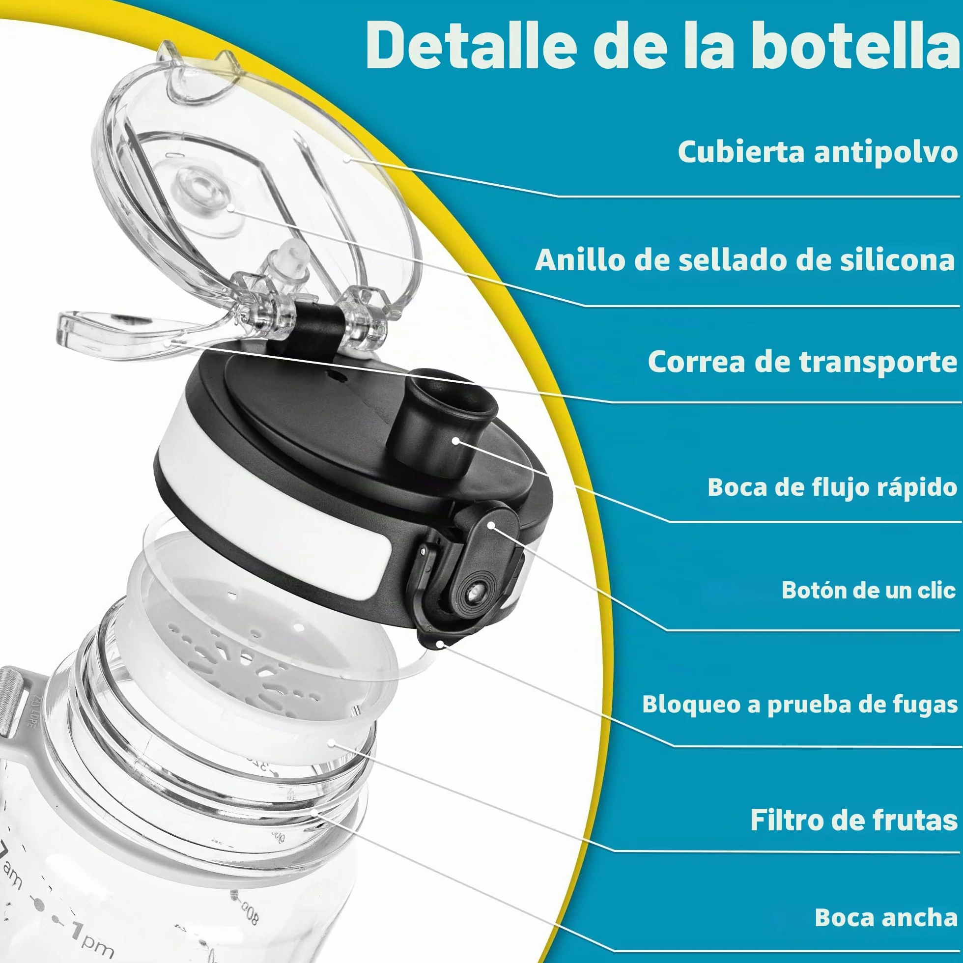 OLDLEY Botella de Agua Deportiva 1000 ml con Marcas de Tiempo, Sin BPA, Prueba Fugas