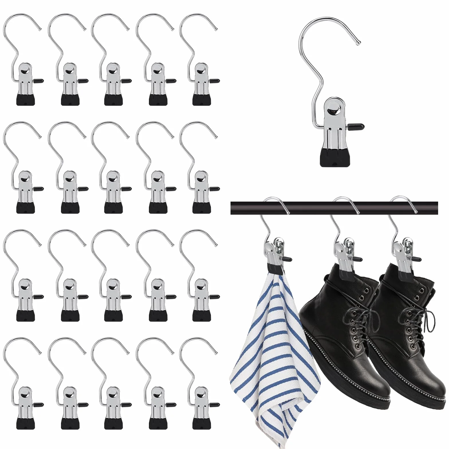 20 Perchas Clip para Colgar, Ganchos Pinza, Percha Botas, Pinzas de Metal Versátiles con Rotación de 360°, Diseño 2 en 1 con Pinza y Gancho, Adecuadas para Ropa, Zapatos, Pantalones, Toallas