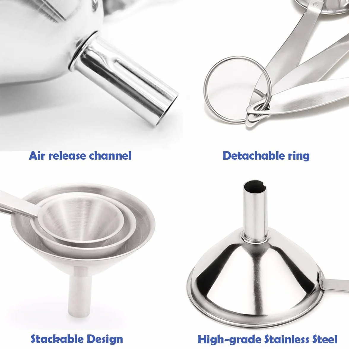 3 Piezas Embudo Cocina, Witbicg Embudo Acero Inoxidable Filtro Aceite Cocina Embudos Para Cocina, Viene Con 2 Cepillos De Limpieza Para Transferir Líquidos y Polvos (Pequeño + Grande)