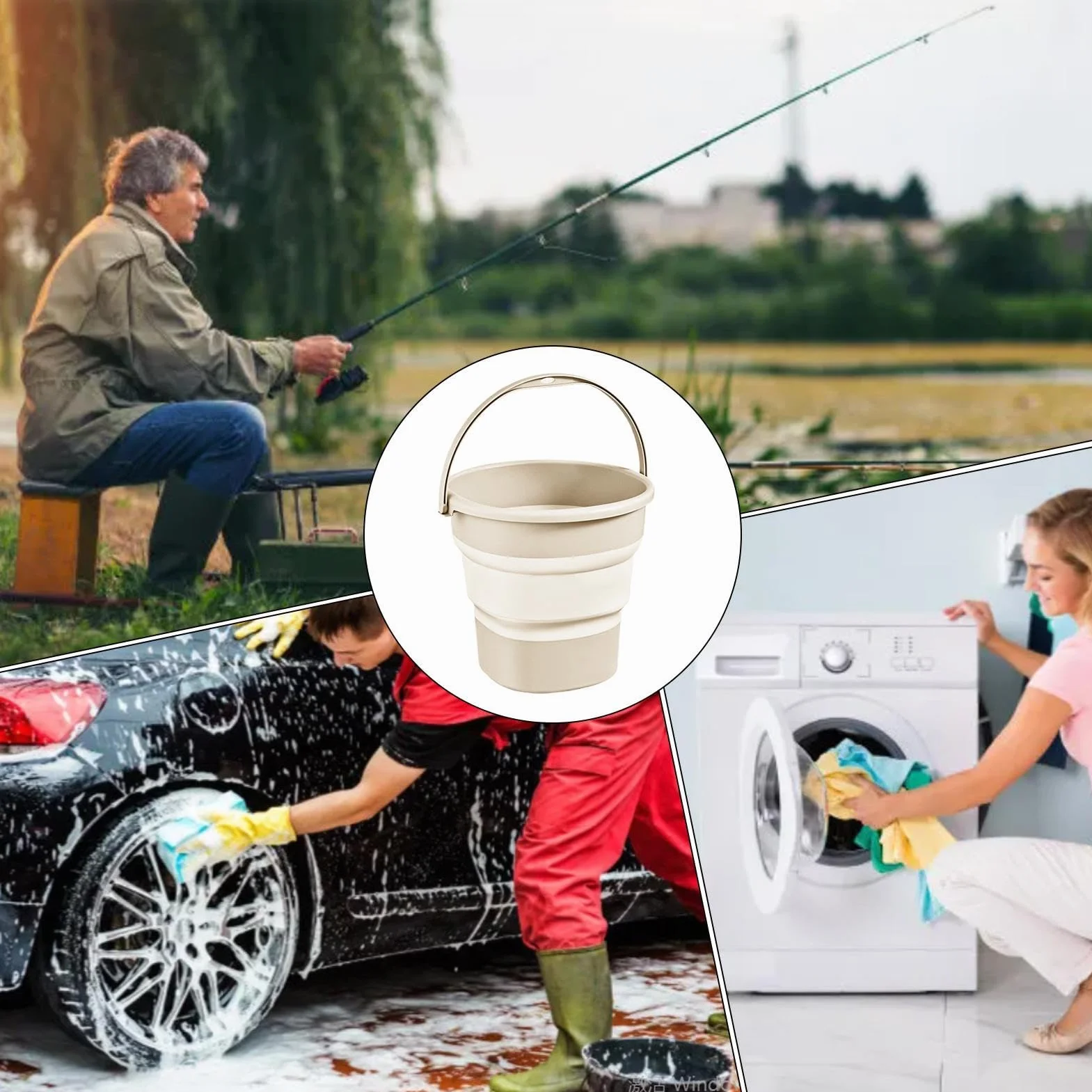 Cubo de agua plegable portátil de 9 litros para lavado de autos, hogar, pesca y viajes