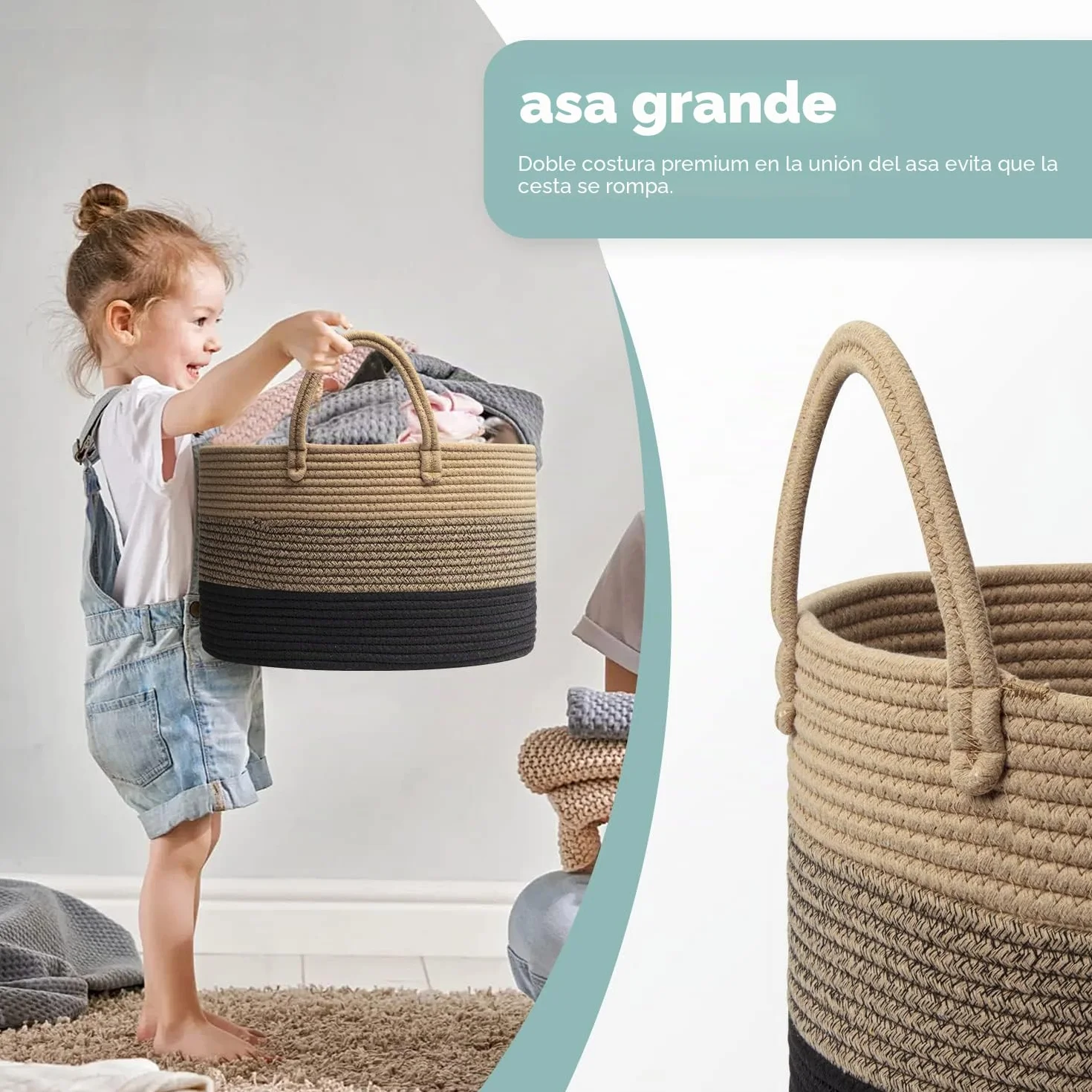 Cesta de Cuerda de Algodón Plegable 32L D40 x H25 cm Cestas de Lavandería Tejidas Almacenaje Marrón Mixto