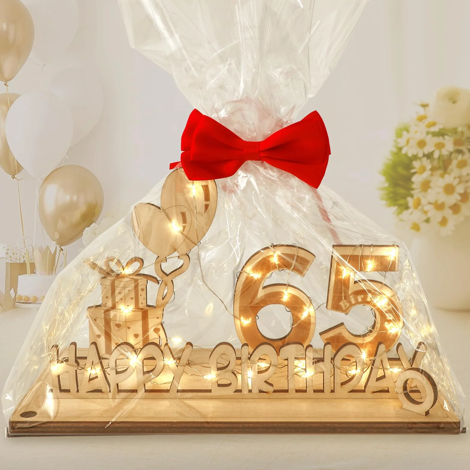 Regalos Originales de 65 Cumpleaños, Seutgjie Decoracion 65 Cumpleaños para Hombre Mujer con Tira de Luces LED y Libro de visitas para Aniversarios