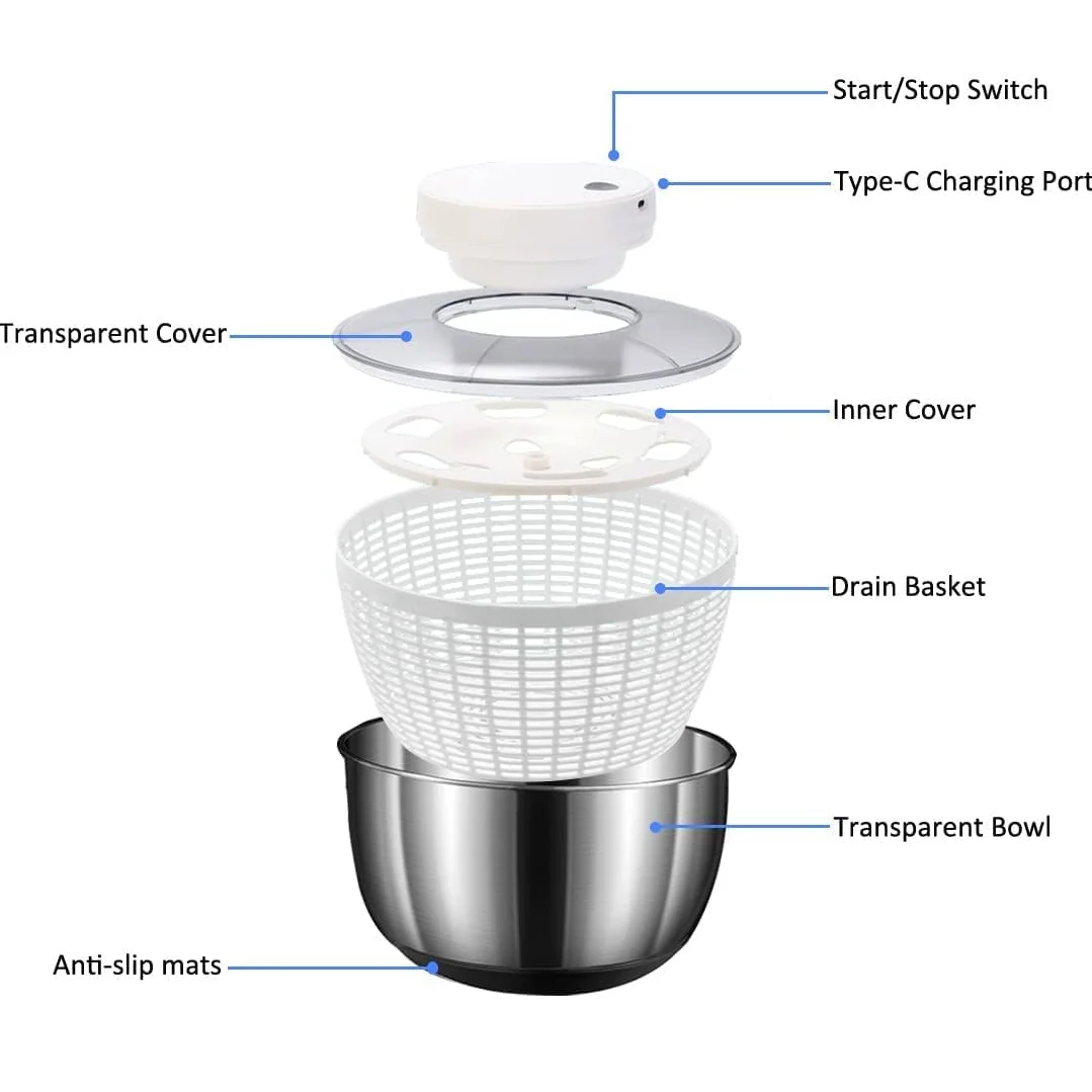 Centrifugador eléctrico de ensalada, recargable por USB, secadora de lechuga de 4,5 L, lavadora de verduras sin BPA con cesta de drenaje para lechuga fresca, verduras y frutas