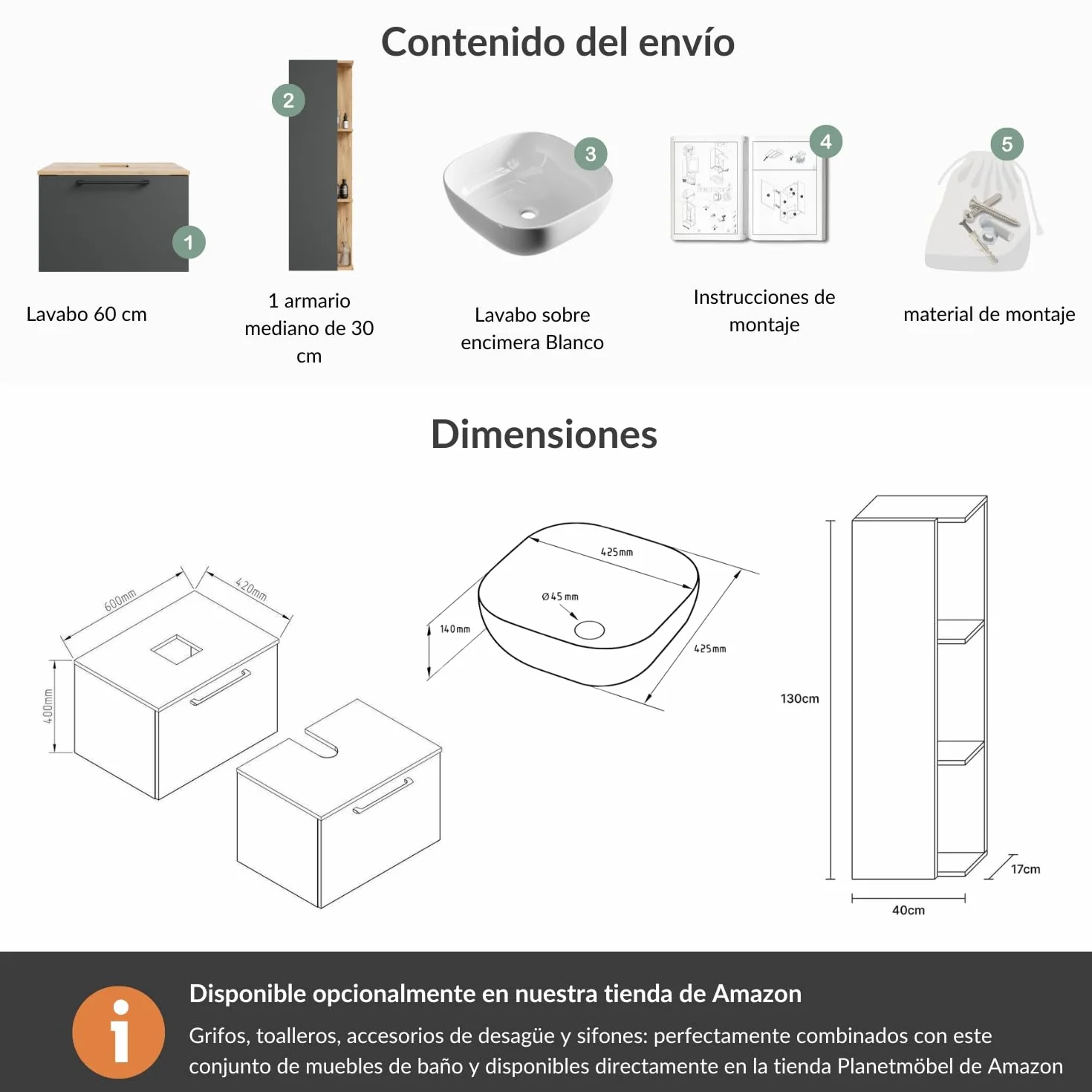 Planetmöbel Astra Conjunto Muebles de baño con Mueble bajo Lavabo 60 cm, 1 Armario Lateral Roble Dorado Antracita, lavamanos sobre encimera 42 cm Blanco