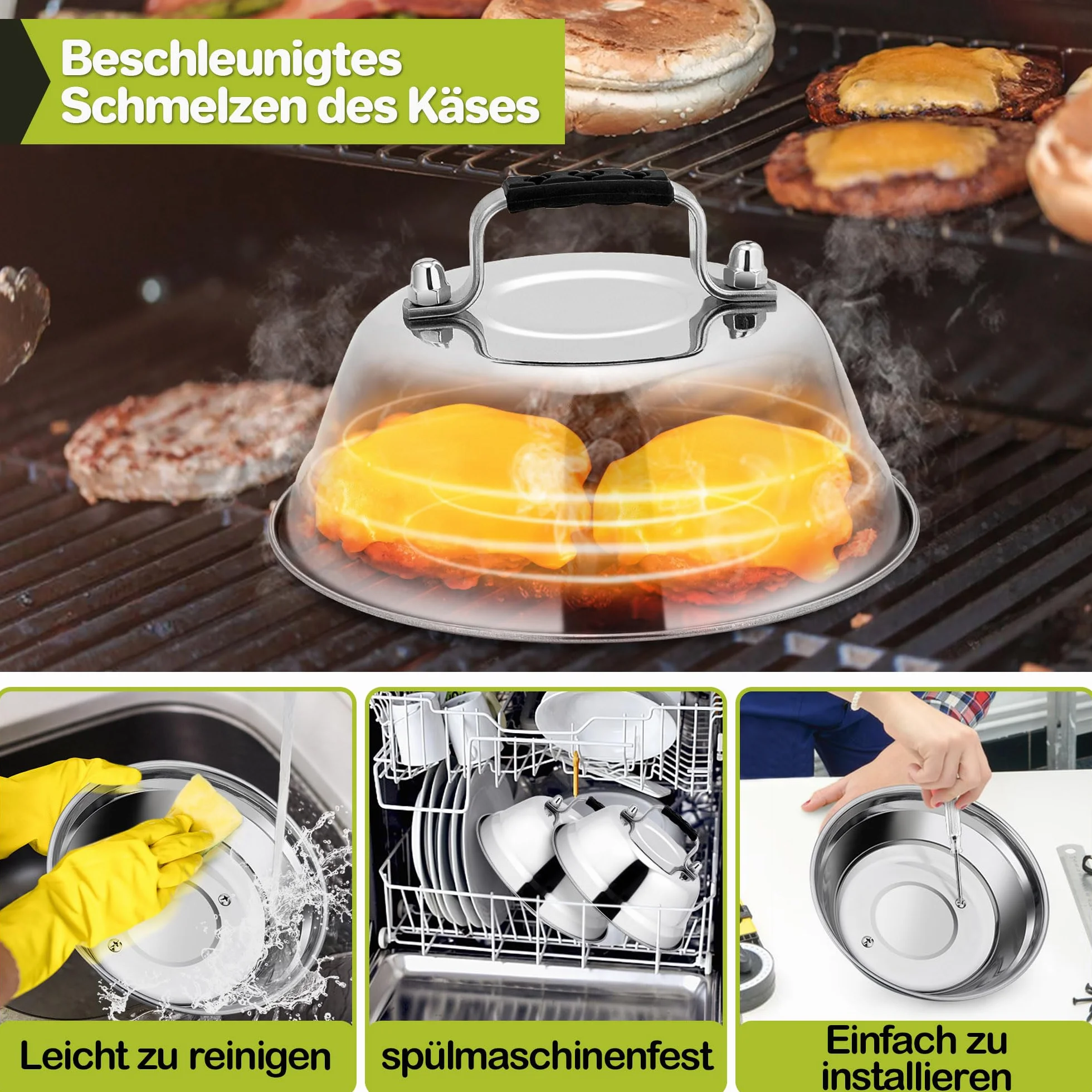 HaWare Campana para hamburguesas, 4 unidades, acero inoxidable, con mango de goma, para barbacoa, carne, queso, teppanyaki, exterior e interior, apto para lavavajillas, 16,8 x 6 cm