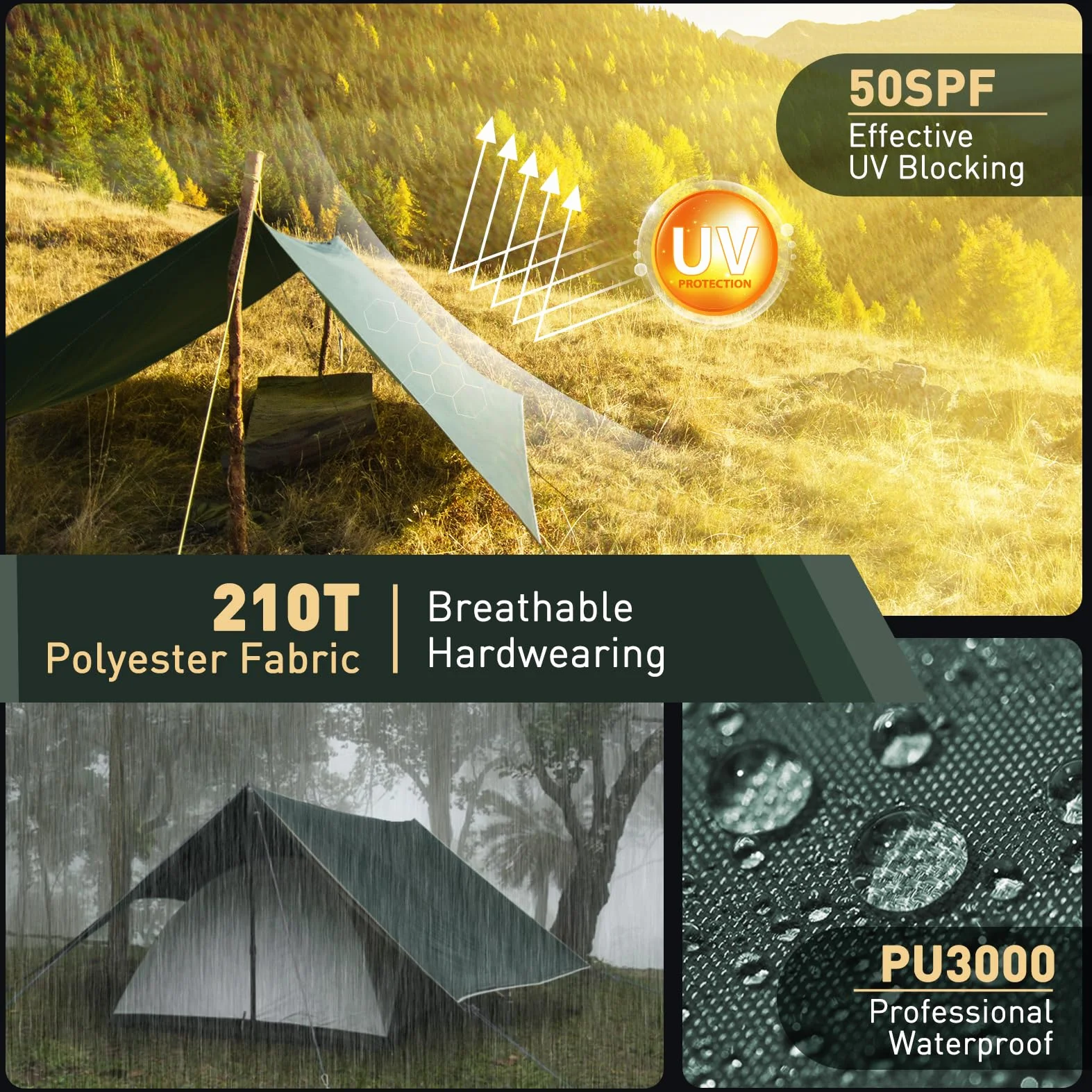 Toldo Camping 3x3m Impermeable Ultraligero Portátil Protección UV Anti Desgarro Tarp Picnic Pesca Senderismo Verde Oscuro
