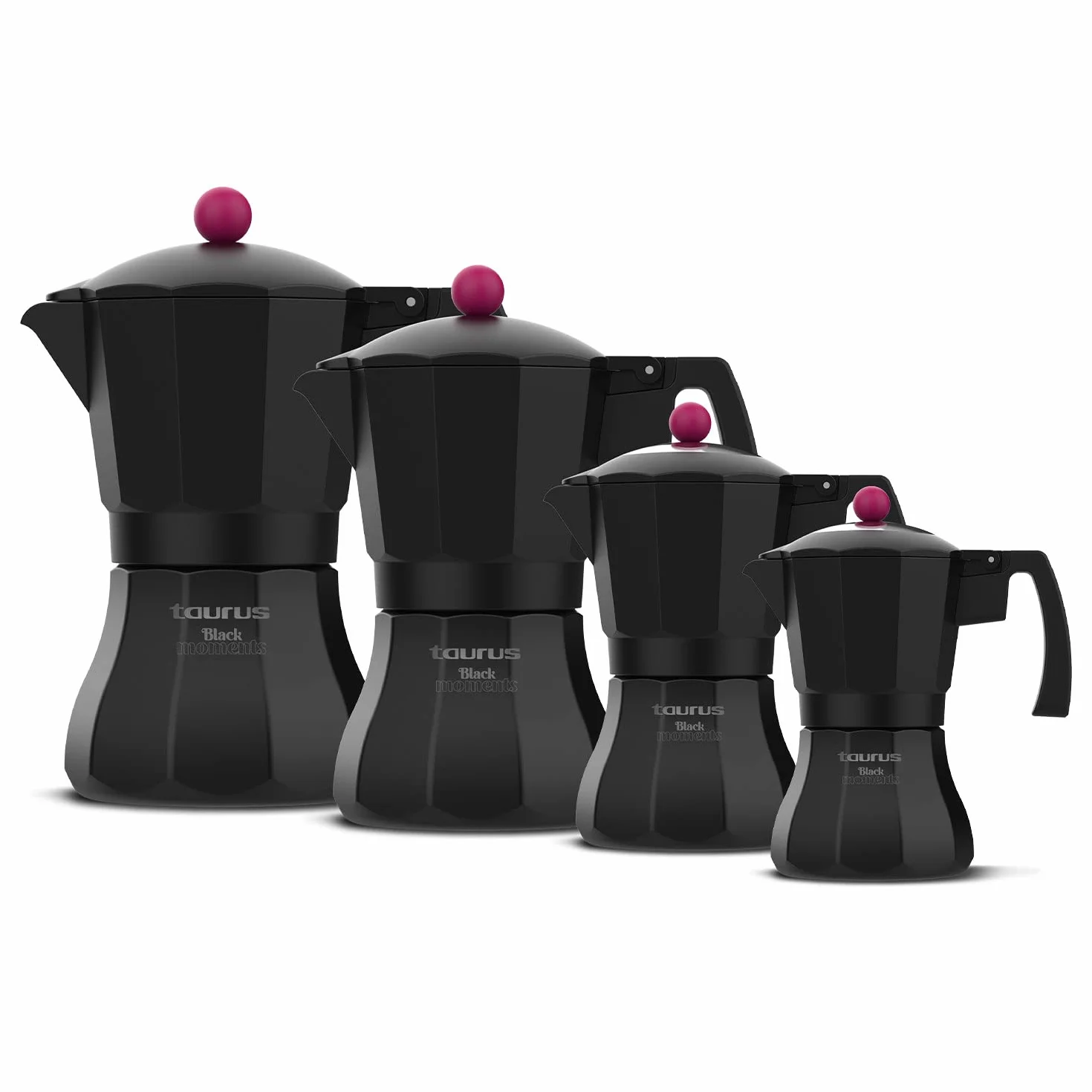 Taurus Black Moments 6 - Cafetera italiana, 6 tazas, base y filtro de acero inoxidable, válvula de seguridad, cierre de silicona para mayor seguridad, para todos los fuegos, tapa transparente, negro