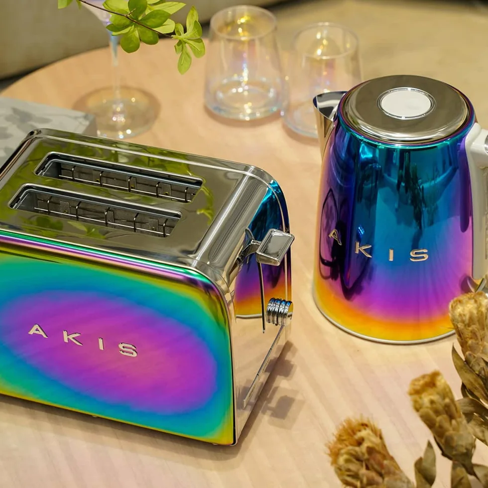 AKIS La Fête Design Tostadora y hervidor de agua de acero inoxidable en arco iris multicolor moderno