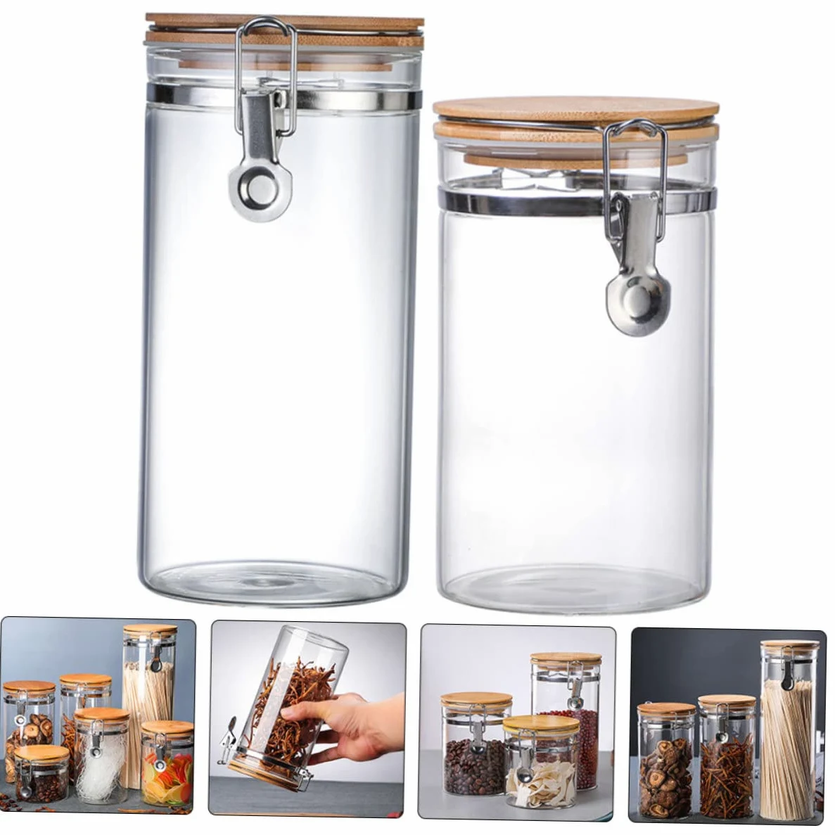 TOYANDONA Tarros Herméticos Protección contra Humedad Tapa de Acero Inoxidable y Madera de Vidrio Juego de 2 Capacidad 1140ml y 1280ml para Almacenar Alimentos en Cocina