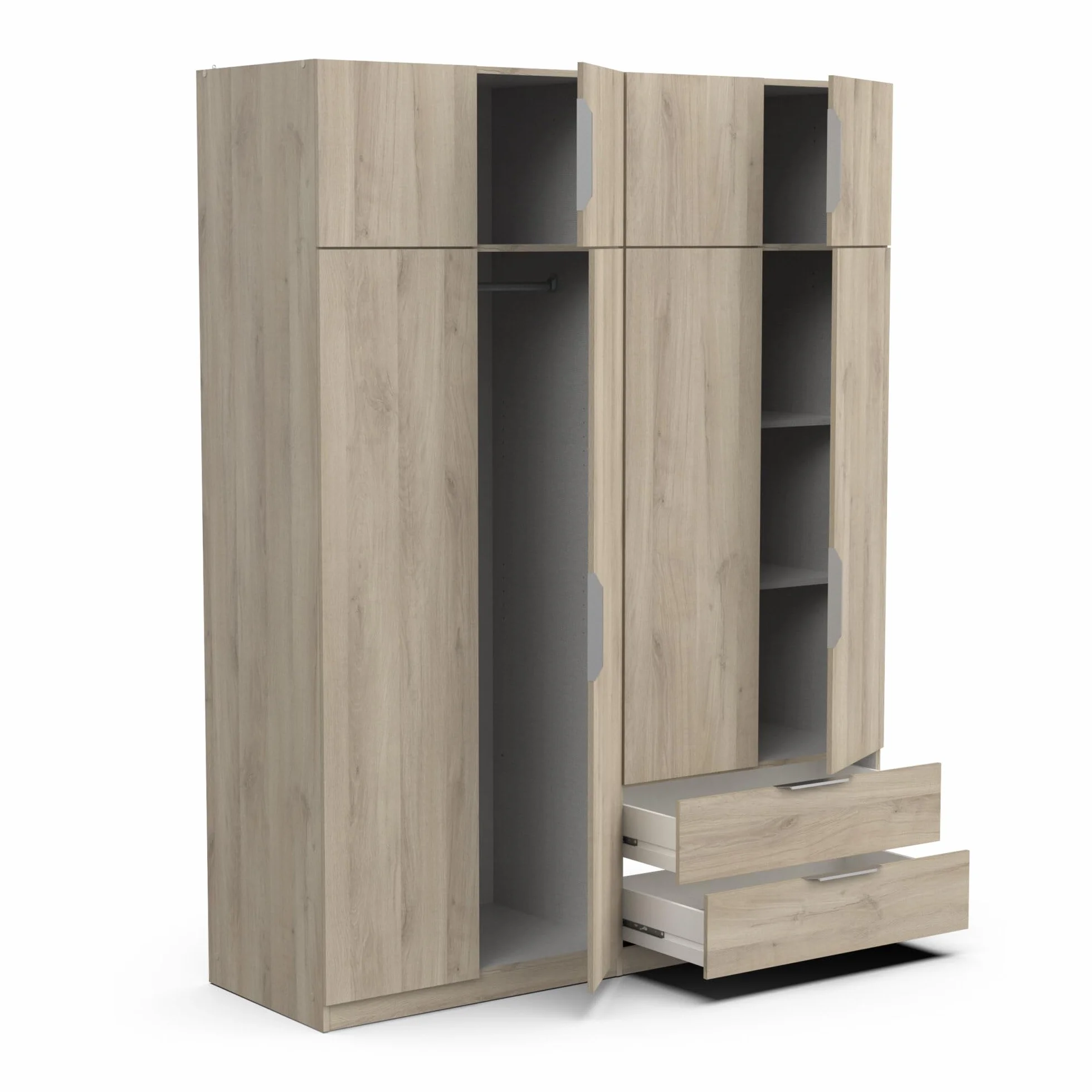 Armario vestidor Demeyere con ropero Moderno, 8 Puertas, 5 estantes y 2 cajones, Color Roble Kronberg, 157,3 x 51,1 x 203 cm, Gris.