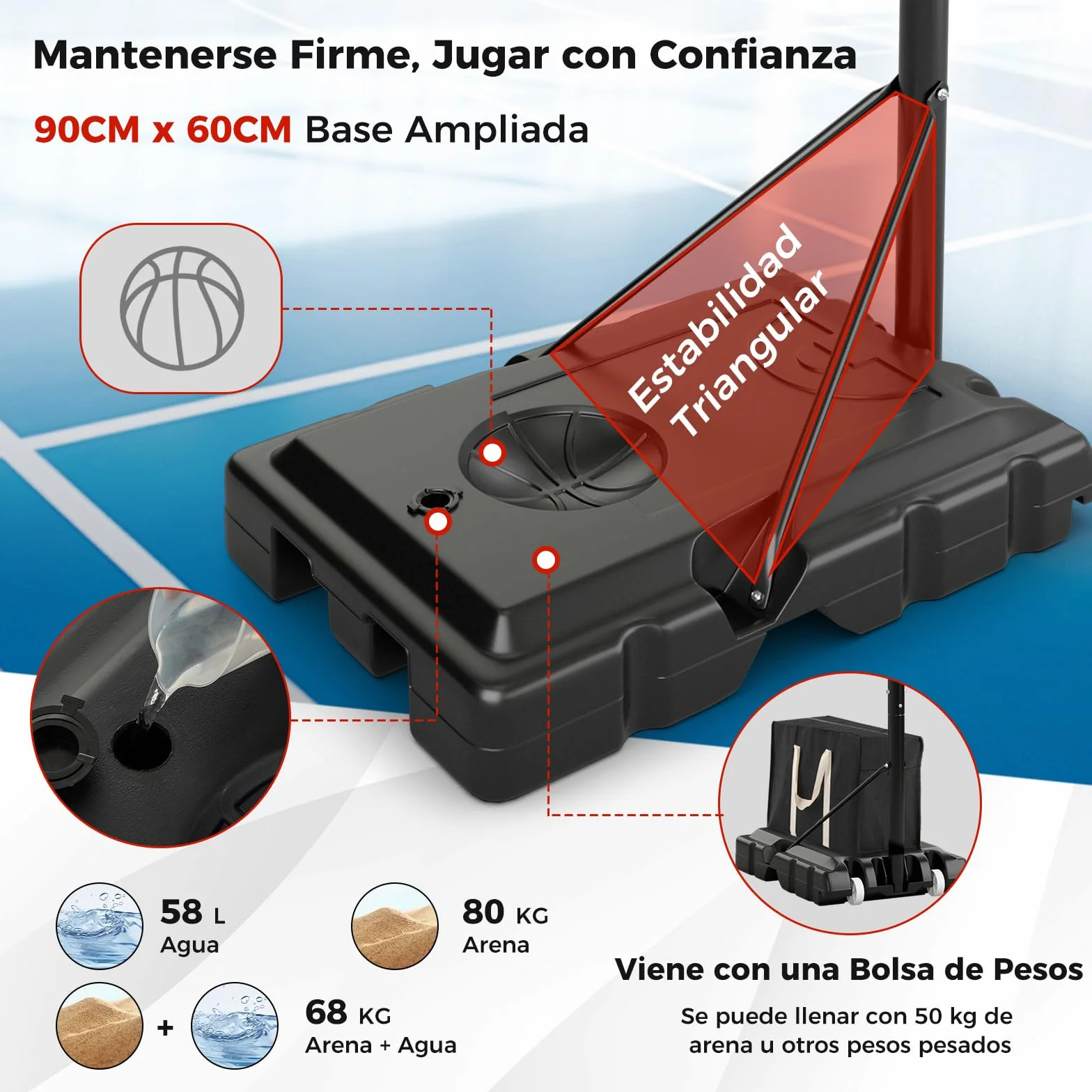 COSTWAY Canasta de Baloncesto Altura Ajustable 240-305cm Base Rellenable Portátil con Ruedas