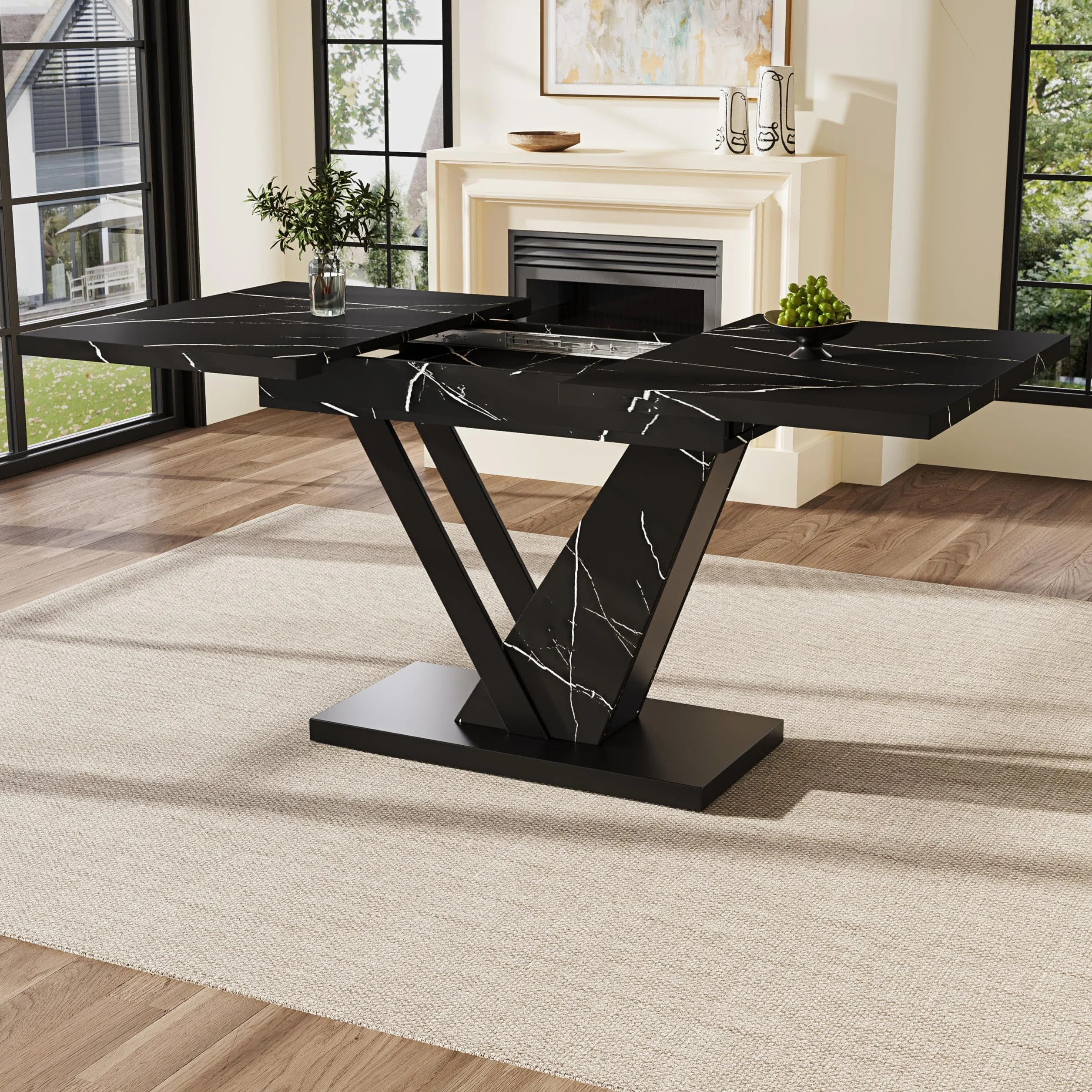 Mesa de comedor (120-160 x 75 cm), telescópica, mesa de cocina, mesa extensible, para cocina y salón, con diseño de mármol negro