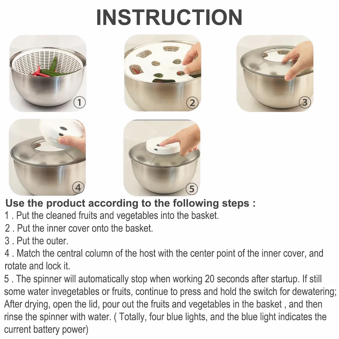 Centrifugador eléctrico de ensalada, recargable por USB, secadora de lechuga de 4,5 L, lavadora de verduras sin BPA con cesta de drenaje para lechuga fresca, verduras y frutas