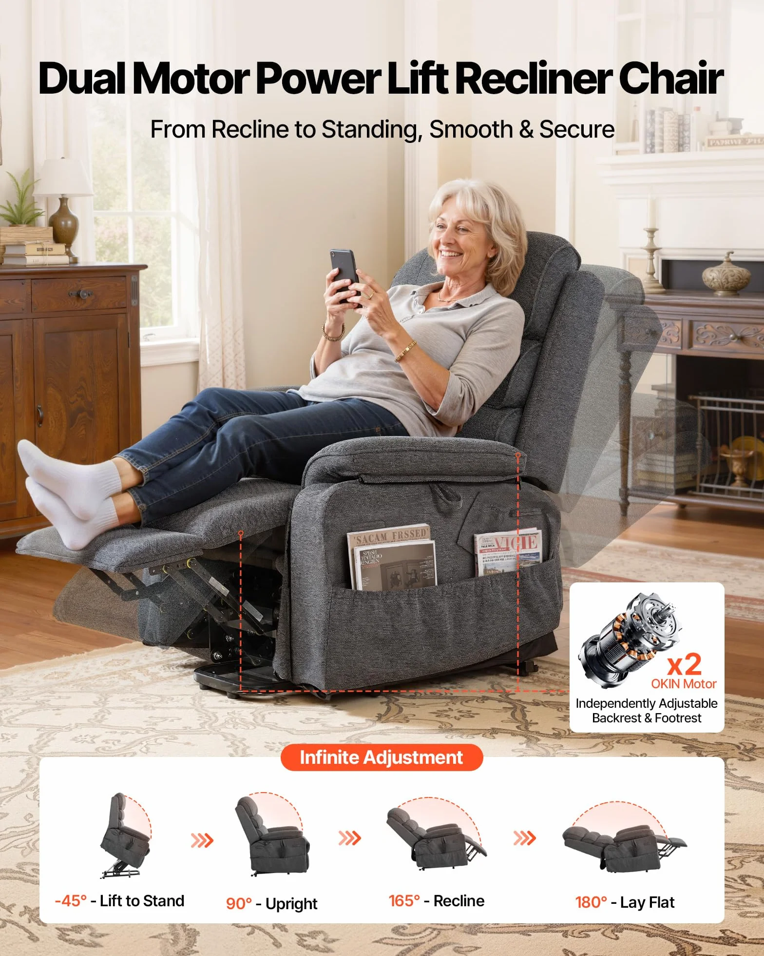 VEVOR Sillón Relax Reclinable Eléctrico, Sillón Reclinable Levantapersonas, con Reposapiés Calefacción Masaje Mando a Distancia Bolsillos Laterales, Tela Chenilla, para Salón Dormitorio, Gris Oscuro
