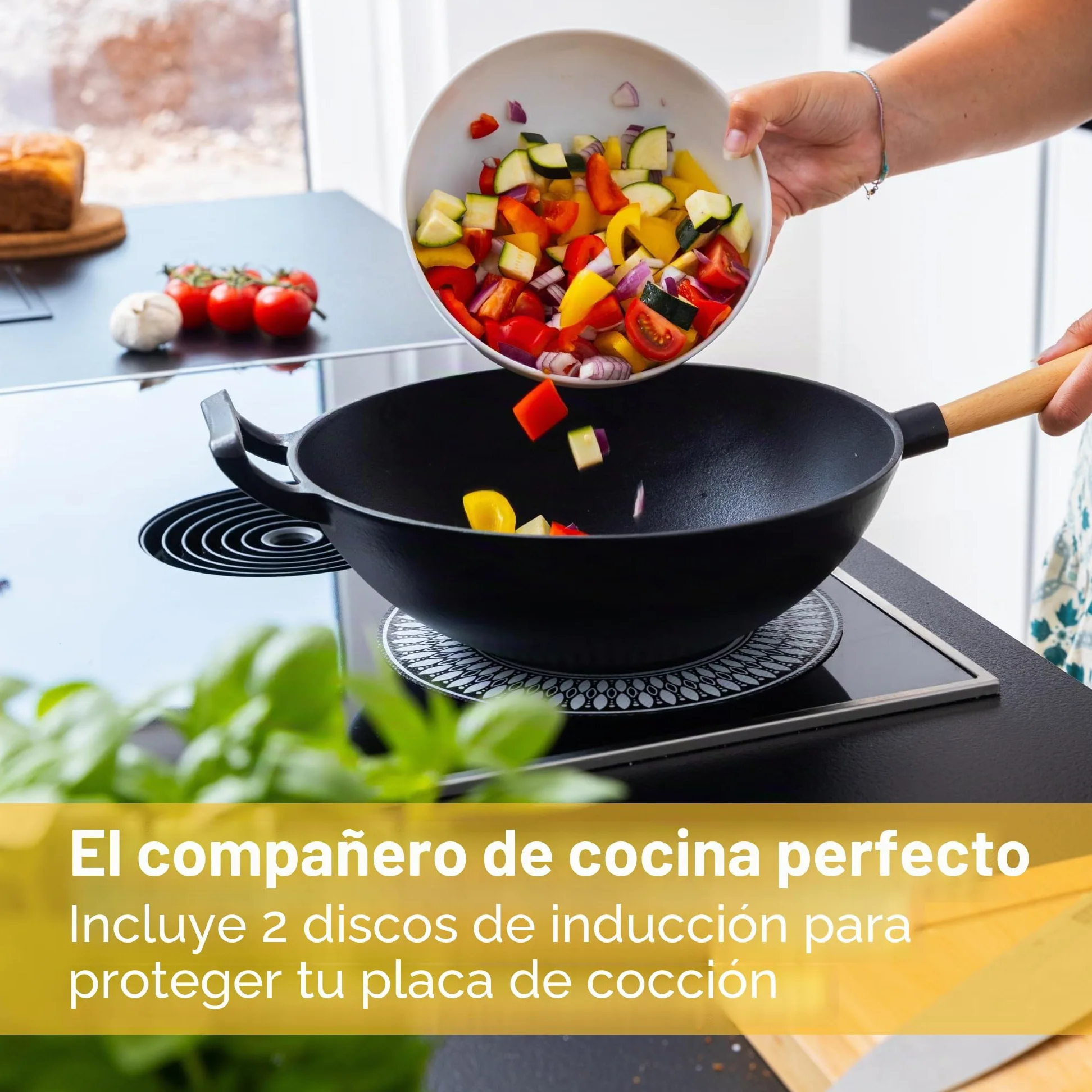 Wok de hierro fundido con revestimiento esmaltado, sartén antiadherente con mango de madera desmontable, utensilios de cocina, sartén de hierro fundido, wok antiadherente, 28 cm de diámetro