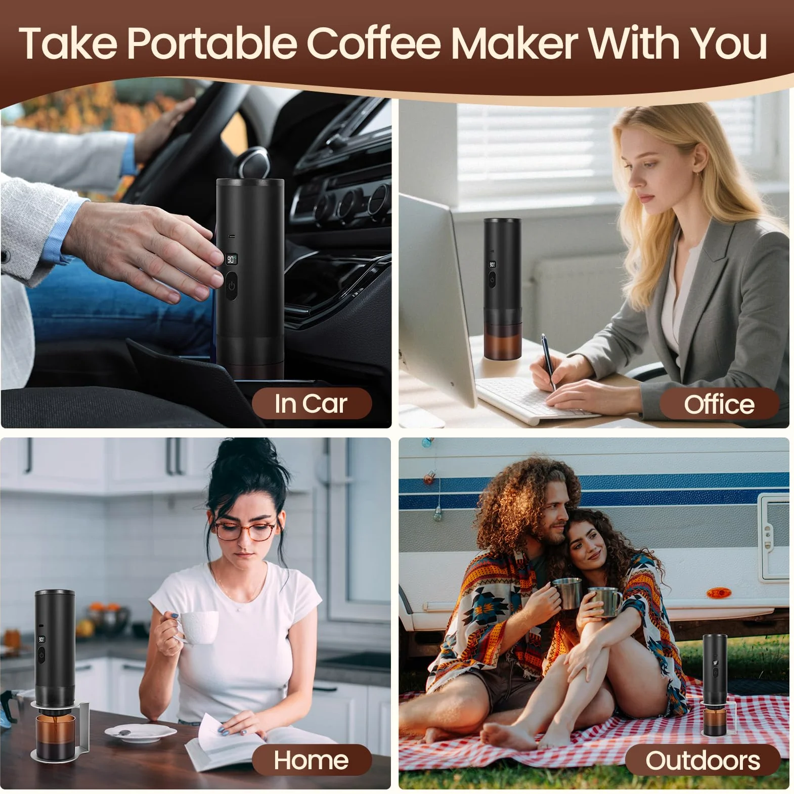 LAMA Cafetera de viaje espresso, autocalentable, portátil 3 en 1, nano cafetera de coche para cápsulas grandes, cápsulas pequeñas, café molido, 7800 mAh, cafetera espresso para senderismo, camping