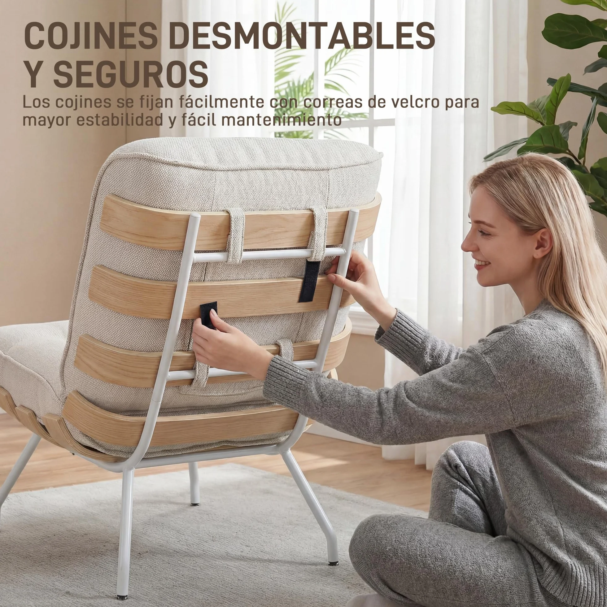 HOMCOM Butaca de Salón, Tapizado en Lino, Sillón Lectura con Asiento Acolchado, Soporte con Listones, Estructura de Acero, Butaca para Sala de Estar, Dormitorio, Crema