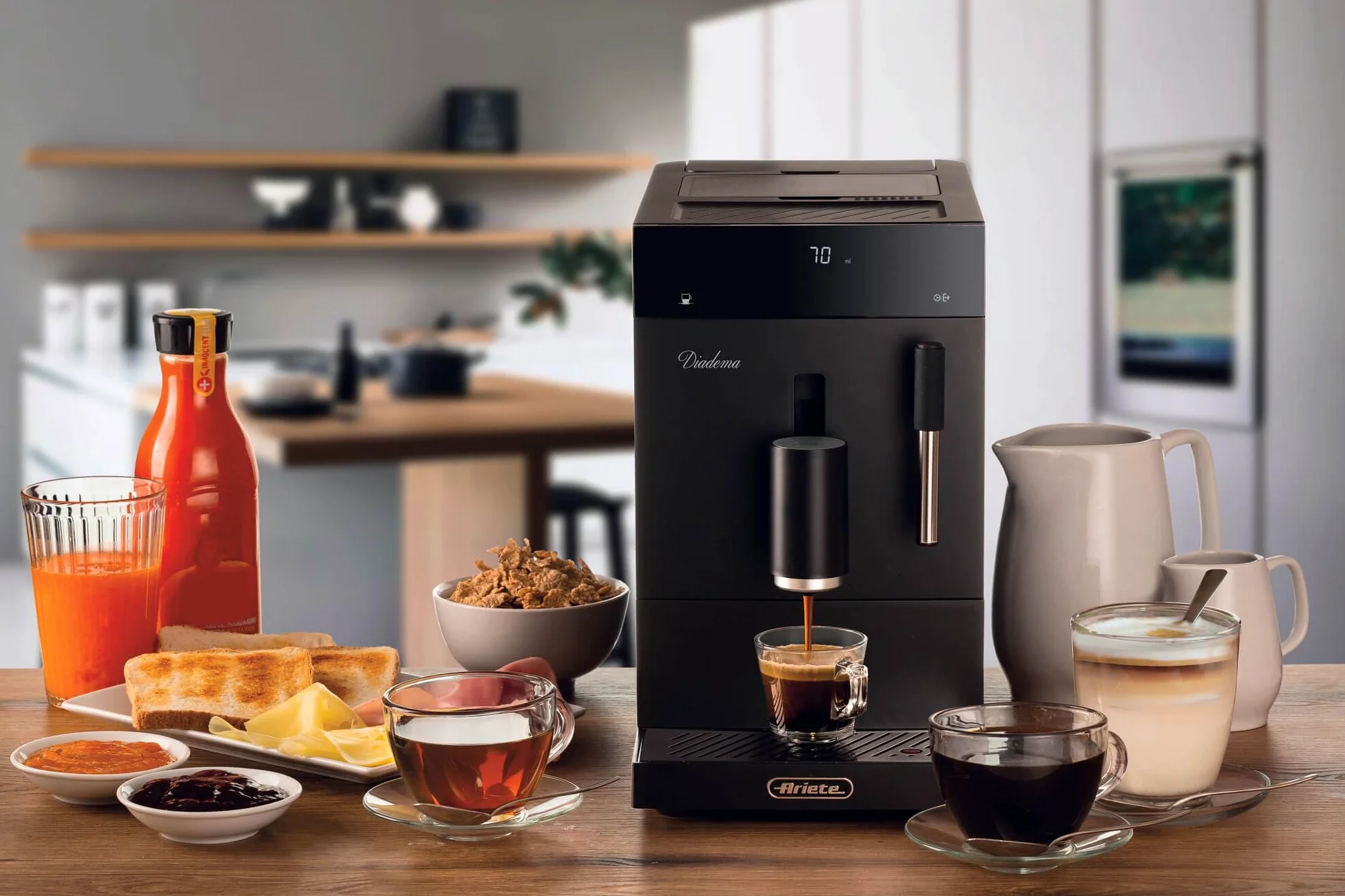 Ariete 1452 Diadema, cafetera automática, 1350W, 19 bar de presión, para café, americano y agua caliente, dispositivo capuchino, pantalla LED, dispensador ajustable, negro